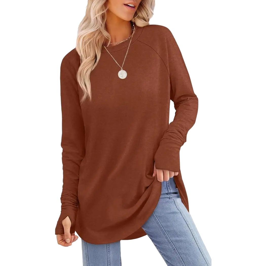 Women's Casual Tunic Tops to Wear with Leggings, Long Sleeve Round Neck Spandex Shirt with Thumb Holes and Curved Hem