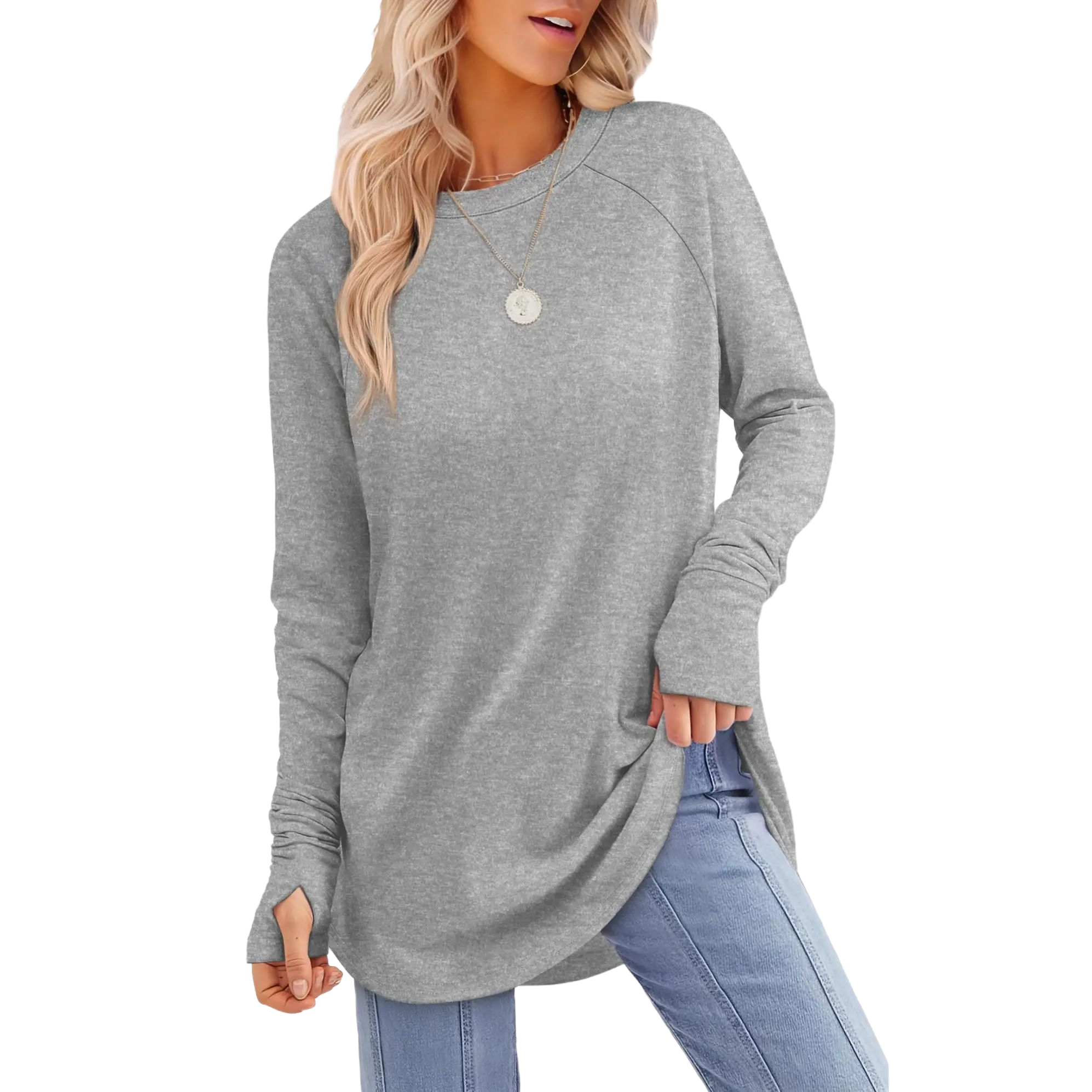 Women's Casual Tunic Tops to Wear with Leggings, Long Sleeve Round Neck Spandex Shirt with Thumb Holes and Curved Hem