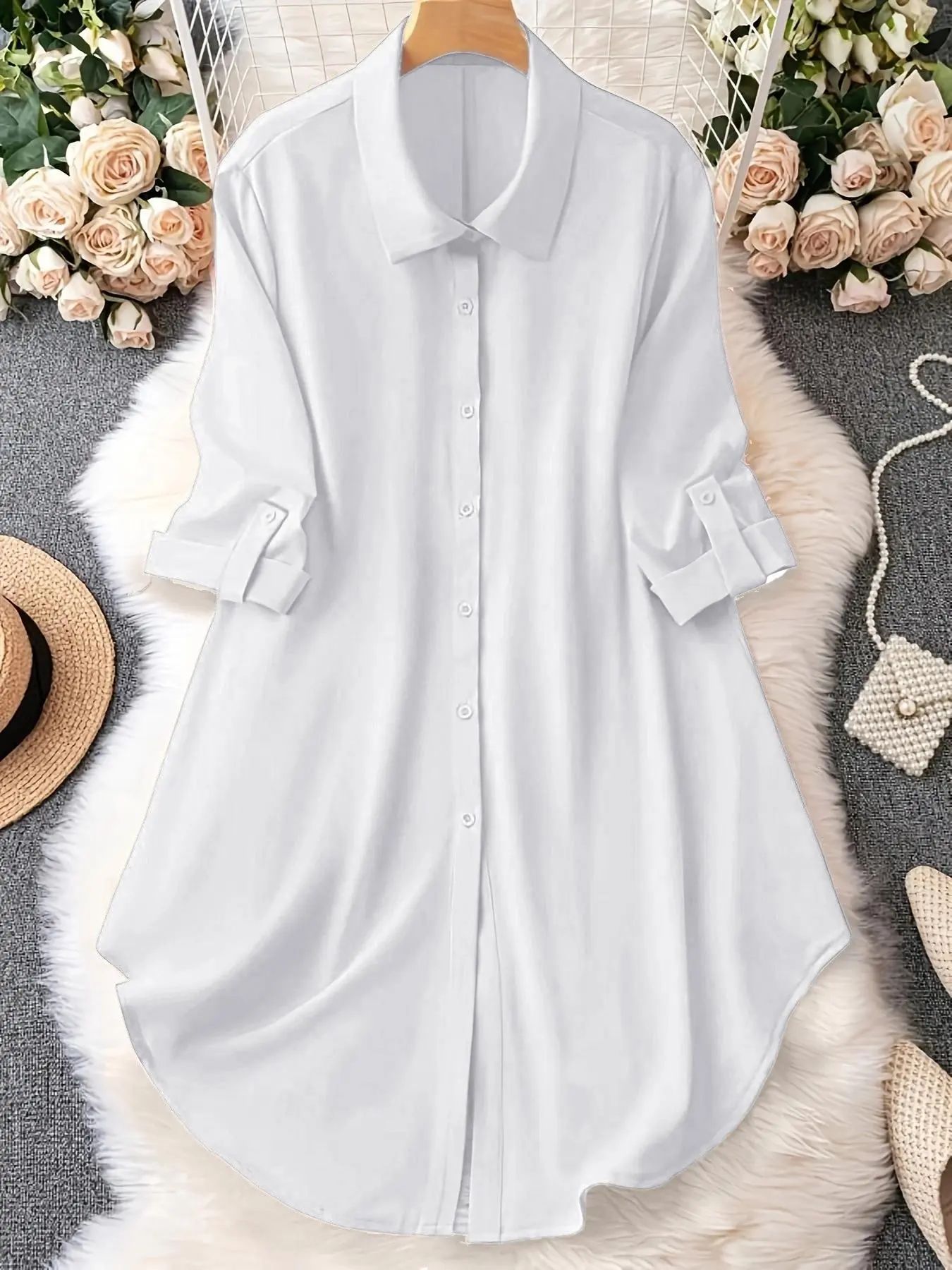 Plus-Size Solid Long Sleeve Button Up Blouse, Casual Classy Elegant Button Front Collared Top for Spring & Fall