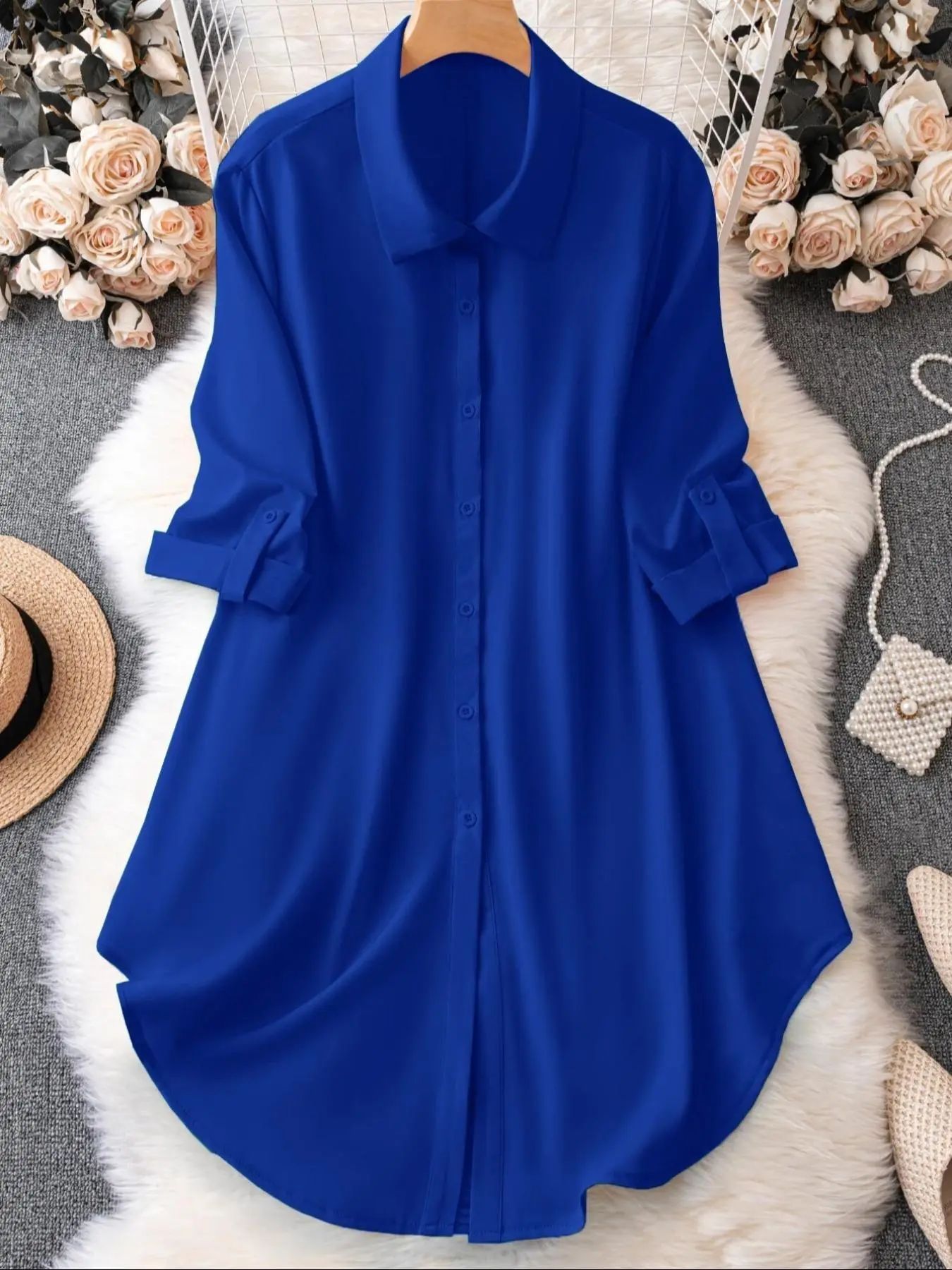 Plus-Size Solid Long Sleeve Button Up Blouse, Casual Classy Elegant Button Front Collared Top for Spring & Fall