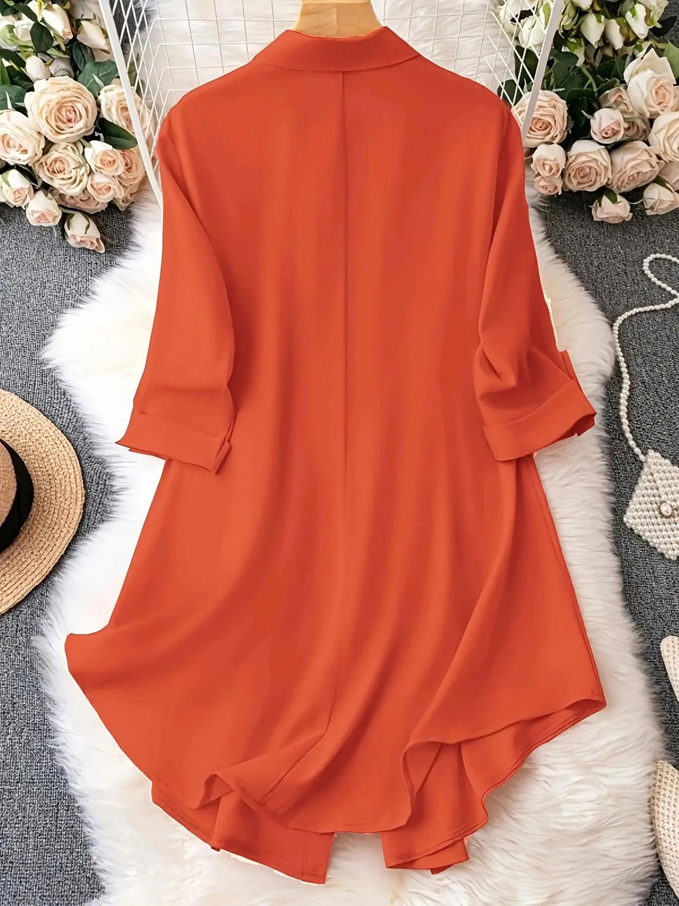 Plus-Size Solid Long Sleeve Button Up Blouse, Casual Classy Elegant Button Front Collared Top for Spring & Fall