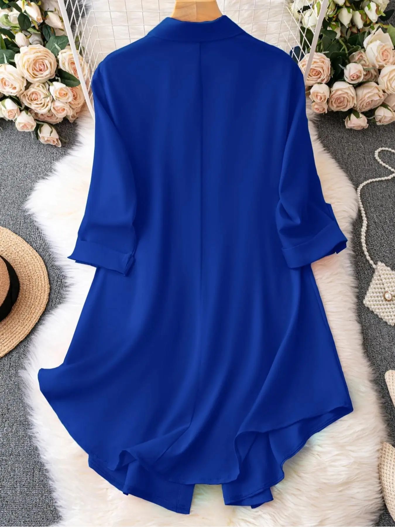 Plus-Size Solid Long Sleeve Button Up Blouse, Casual Classy Elegant Button Front Collared Top for Spring & Fall