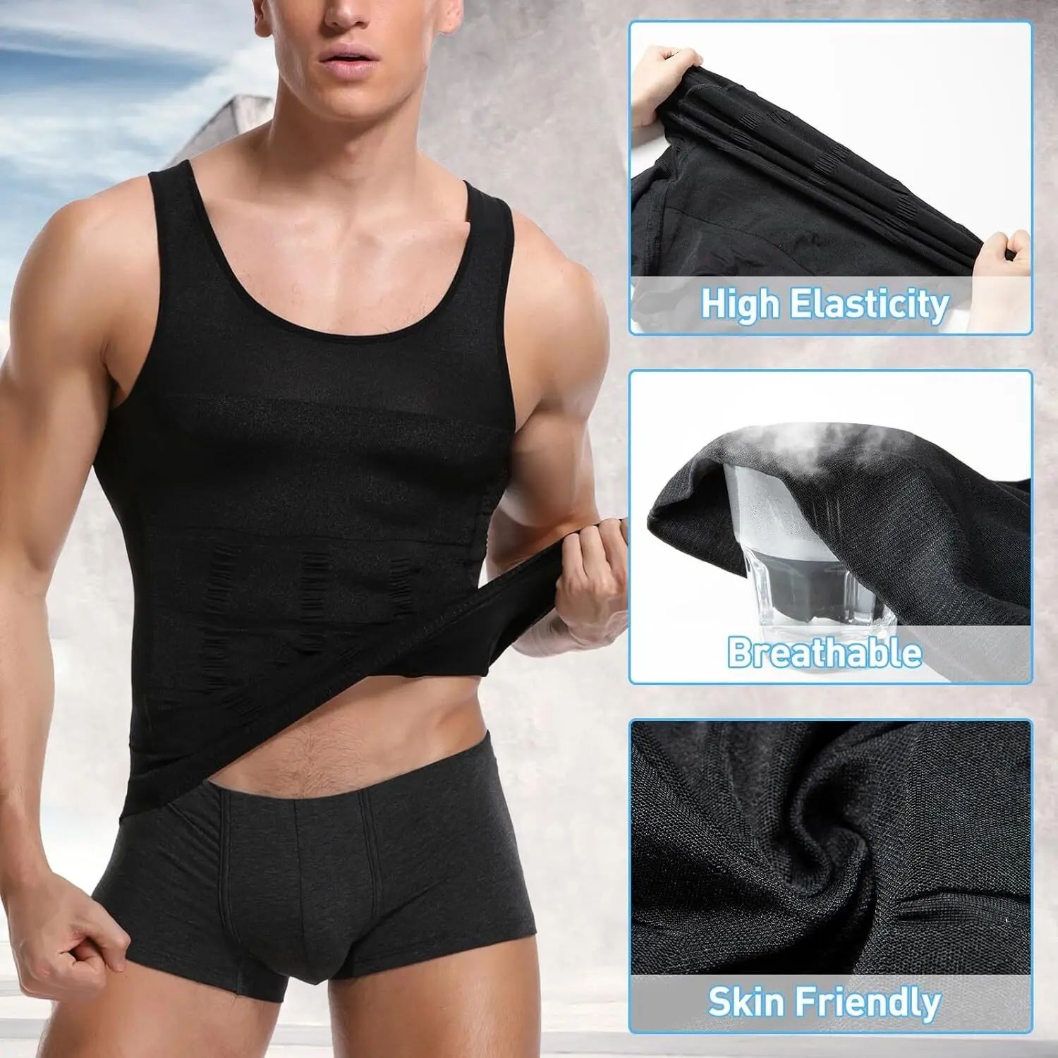 Men's Compression Shaper Vest Shapewear Tank Top - Lightweight, Breathable Elastic Soft Stretchy Fabric