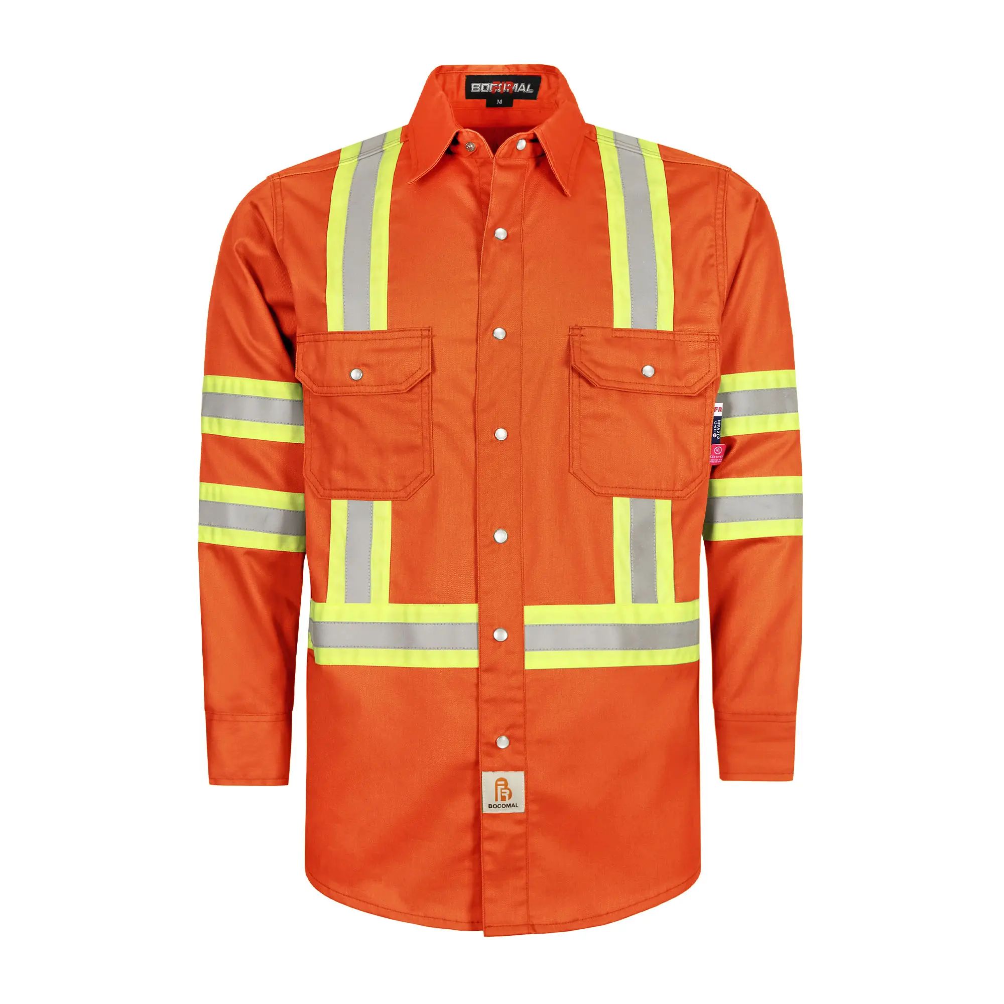 6.5 oz French hi-vis work shirts with pearl snap closure