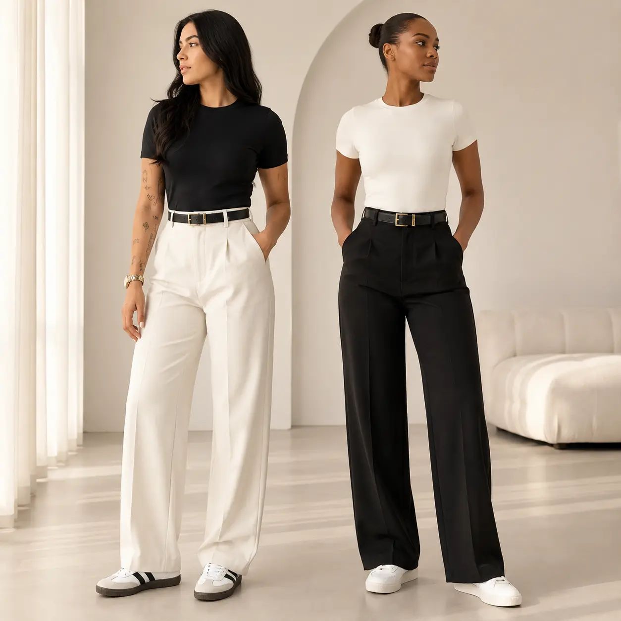 Women's High-Waisted Wide Leg Bottoms - Business Casual Drape Trousers with Clean Front