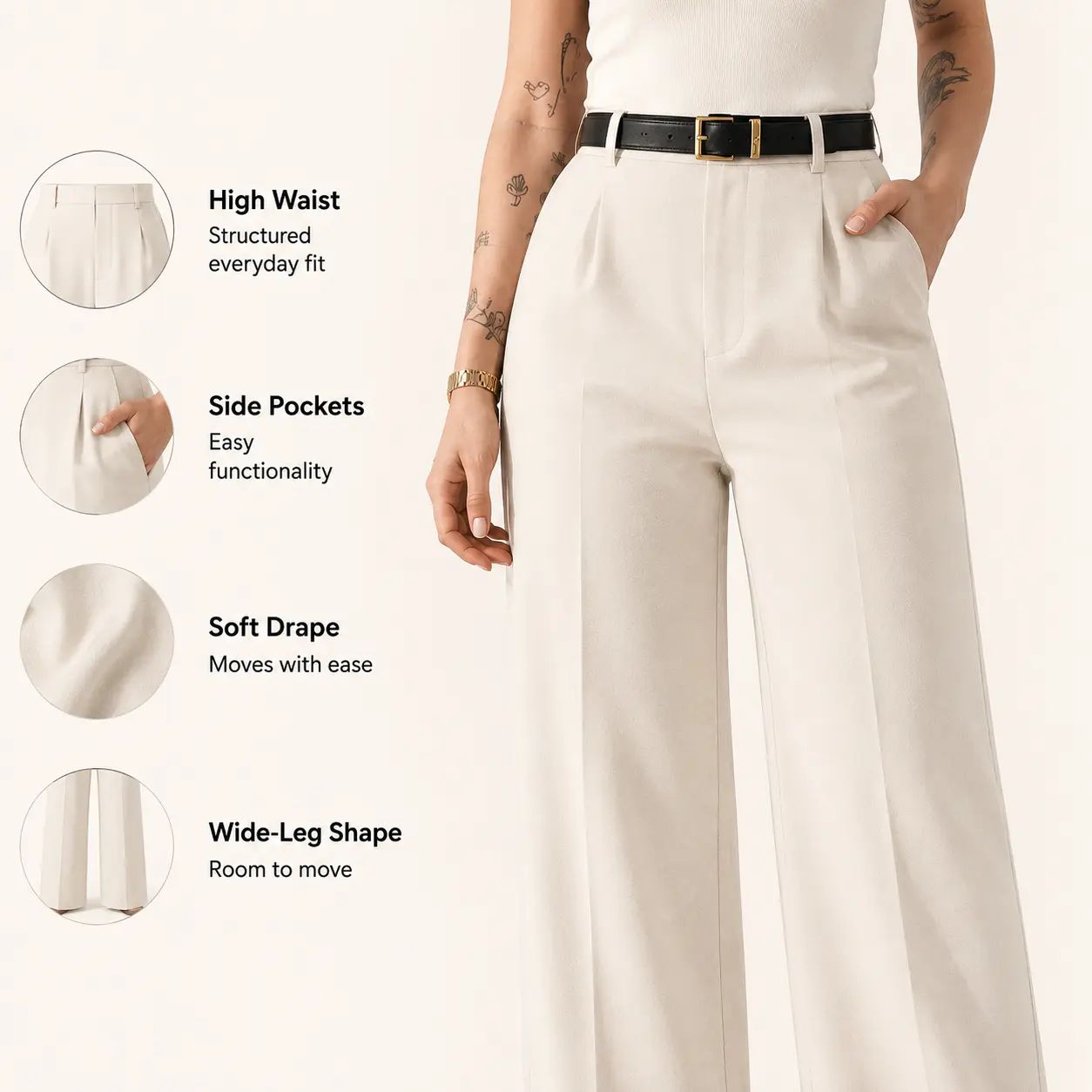 Women's High-Waisted Wide Leg Bottoms - Business Casual Drape Trousers with Clean Front