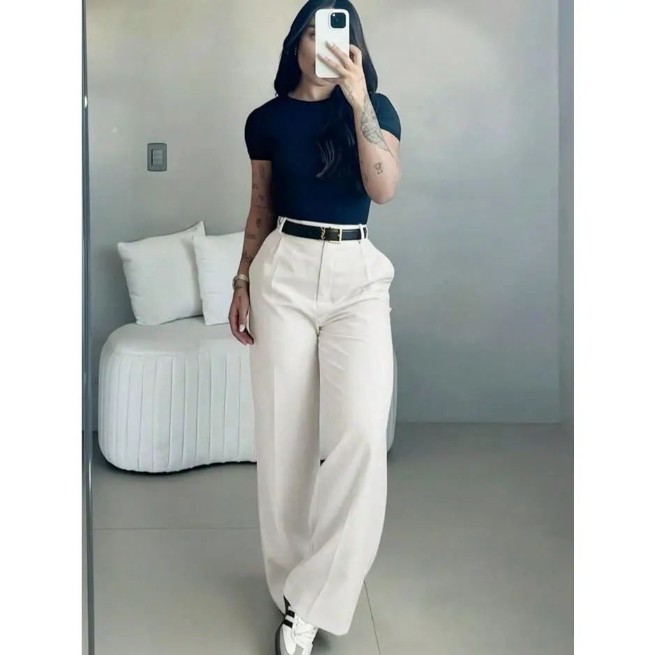 Women's High-Waisted Wide Leg Bottoms - Business Casual Drape Trousers with Clean Front