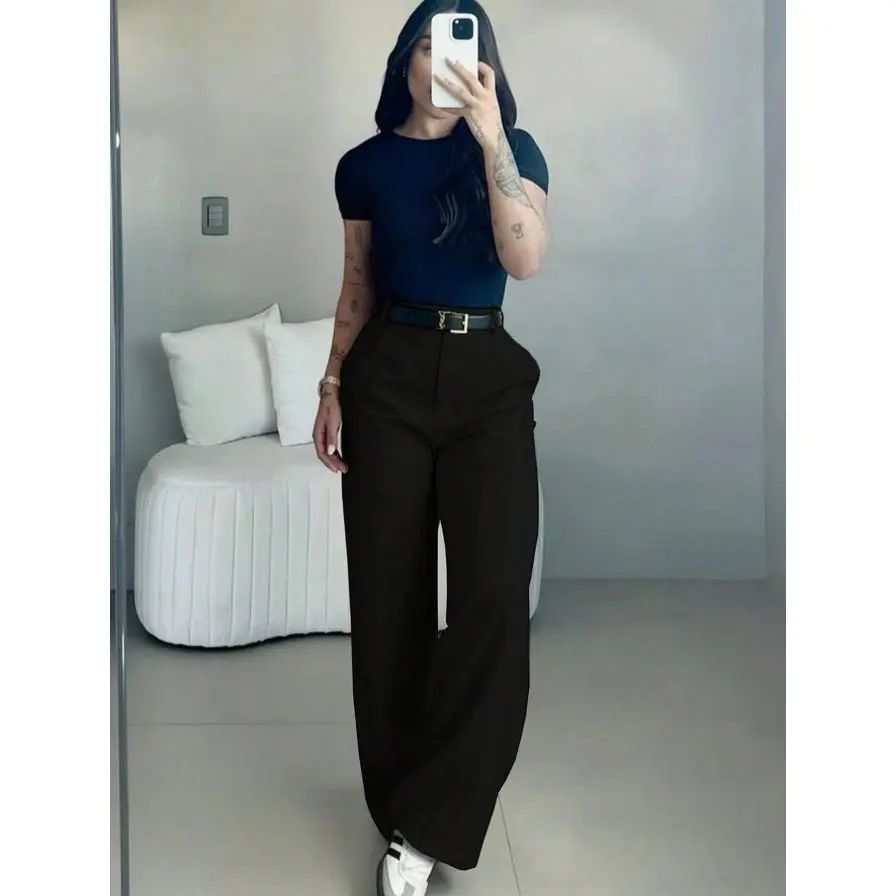Women's High-Waisted Wide Leg Bottoms - Business Casual Drape Trousers with Clean Front