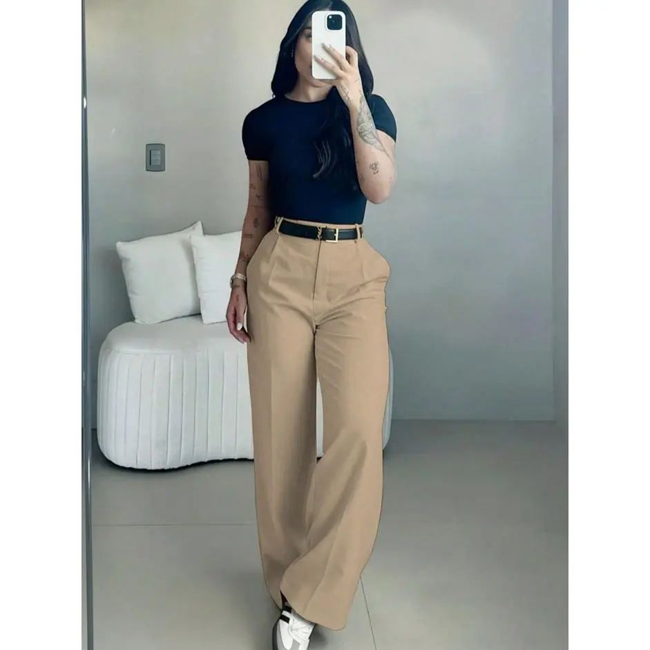 Women's High-Waisted Wide Leg Bottoms - Business Casual Drape Trousers with Clean Front