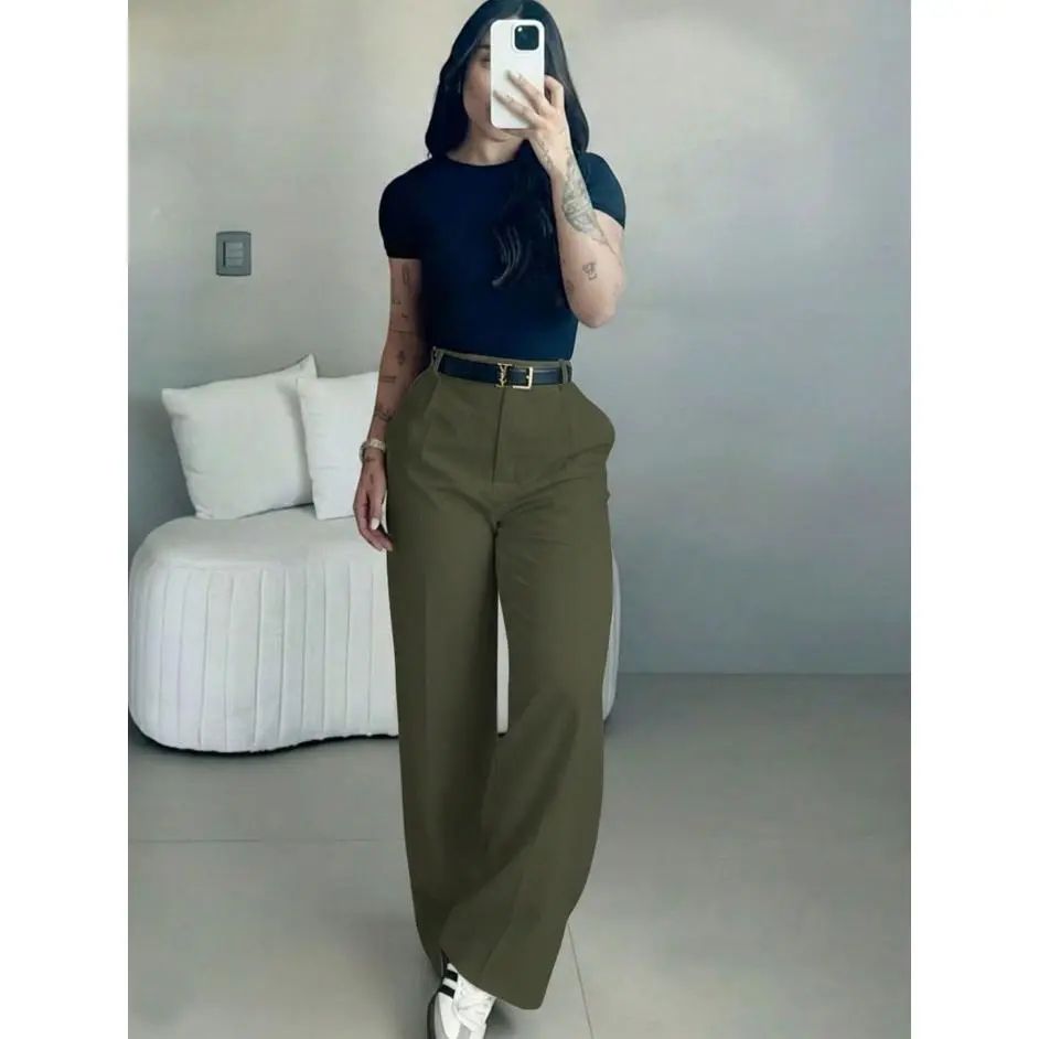 Women's High-Waisted Wide Leg Bottoms - Business Casual Drape Trousers with Clean Front