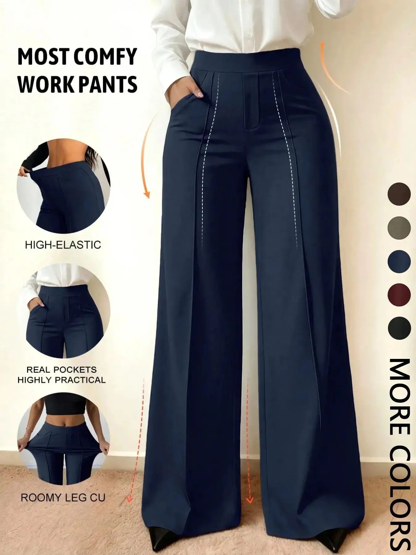 Wide Leg Commuter Pants, Front Center Split with Pockets, Loose Fit Slimming Suit Pants