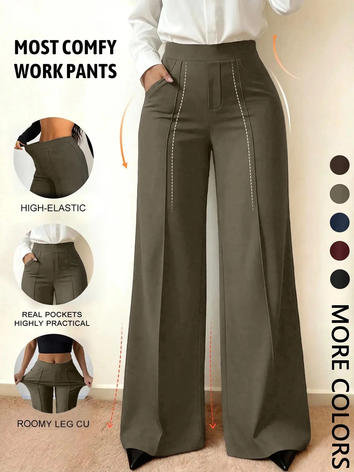 Wide Leg Commuter Pants, Front Center Split with Pockets, Loose Fit Slimming Suit Pants