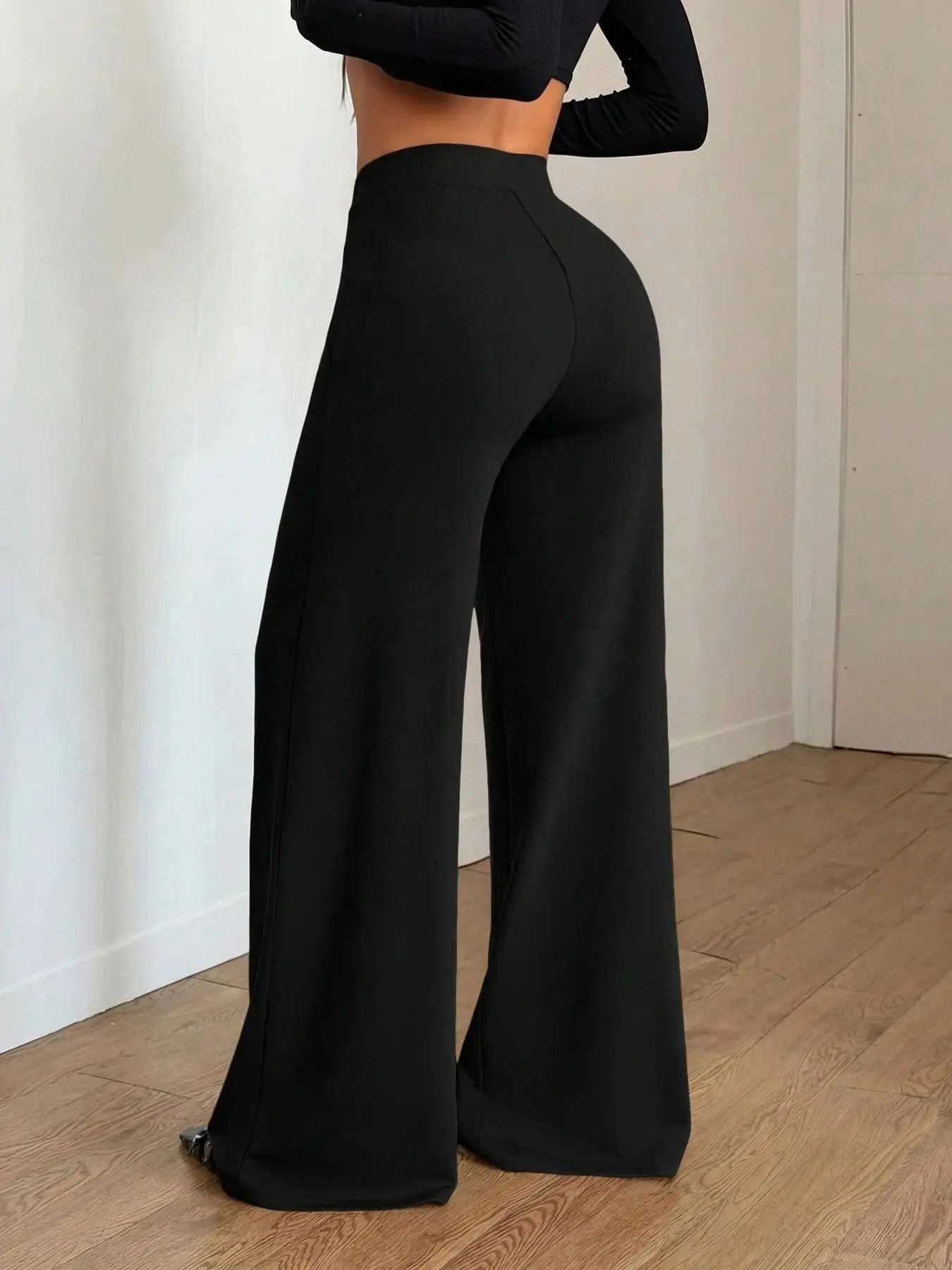 Wide Leg Commuter Pants, Front Center Split with Pockets, Loose Fit Slimming Suit Pants