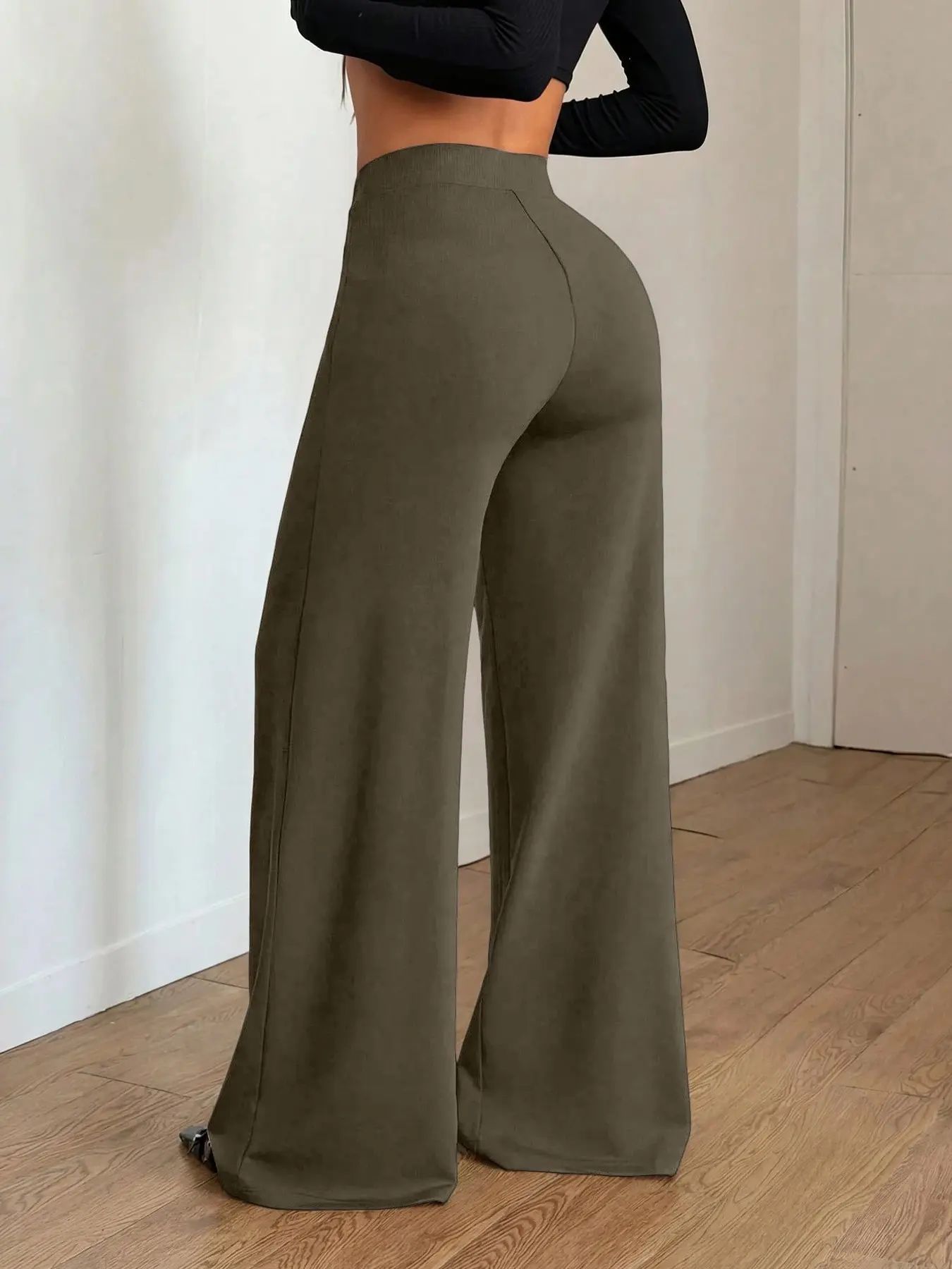 Wide Leg Commuter Pants, Front Center Split with Pockets, Loose Fit Slimming Suit Pants