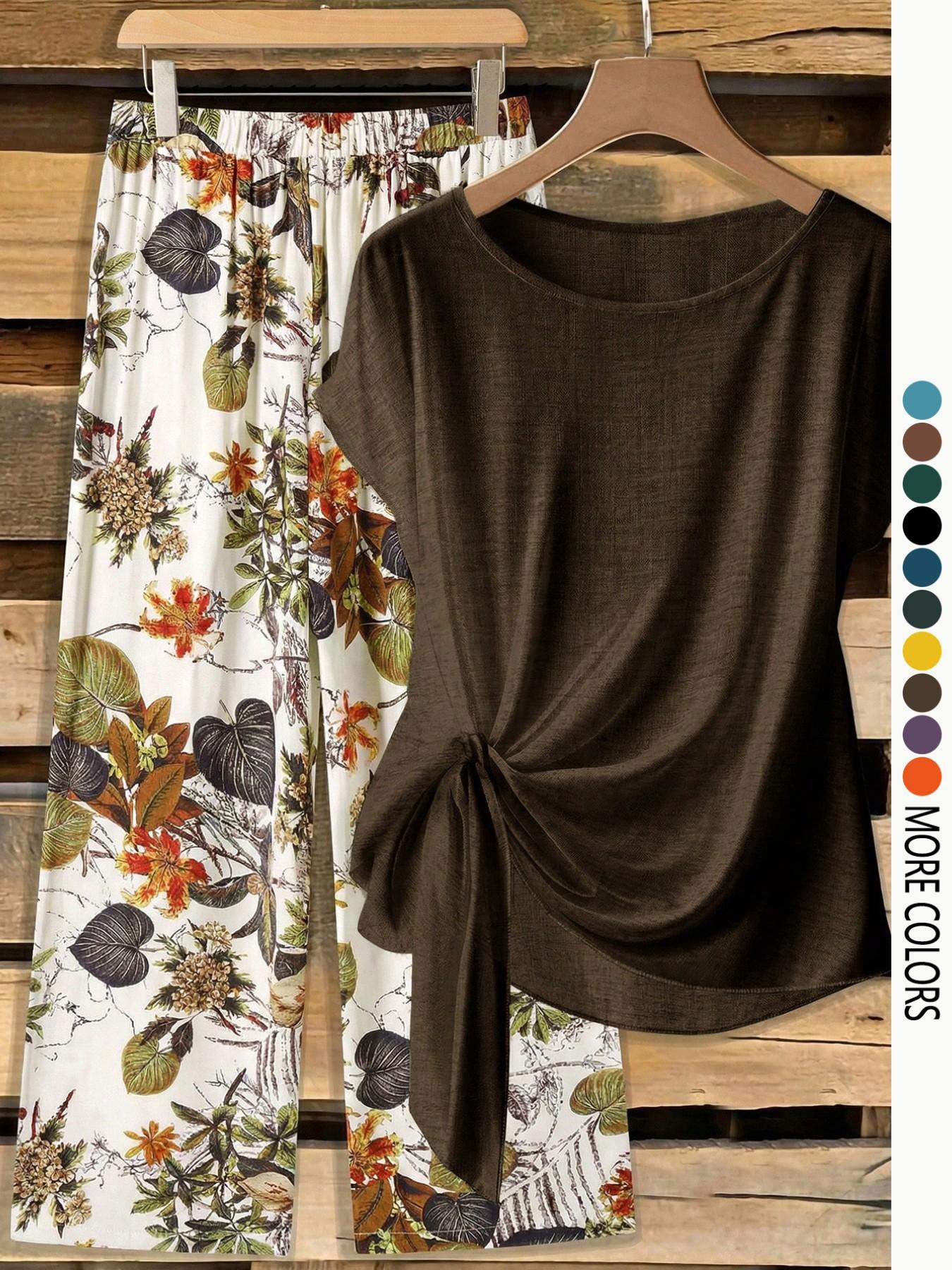 Women's Casual Printed Necktie Shirt and Loose Straight Pants Set, Perfect for Spring and Summer, Comfortable Two-Piece
