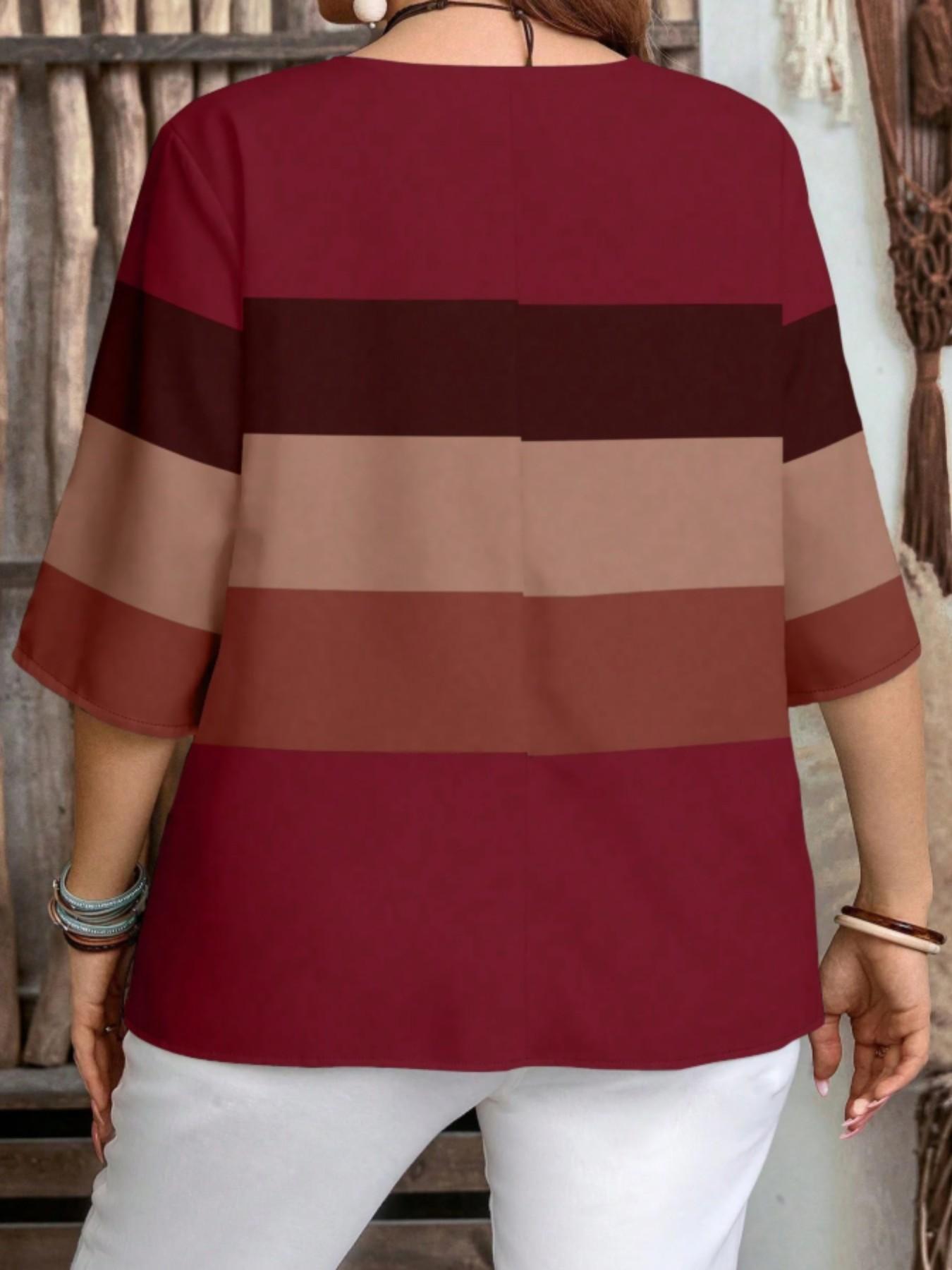 Plus Size Women's Color Block Chic Casual Loose Short Sleeve Blouse Shirt, Striped Pattern Half Sleeve Top for Spring & Summer