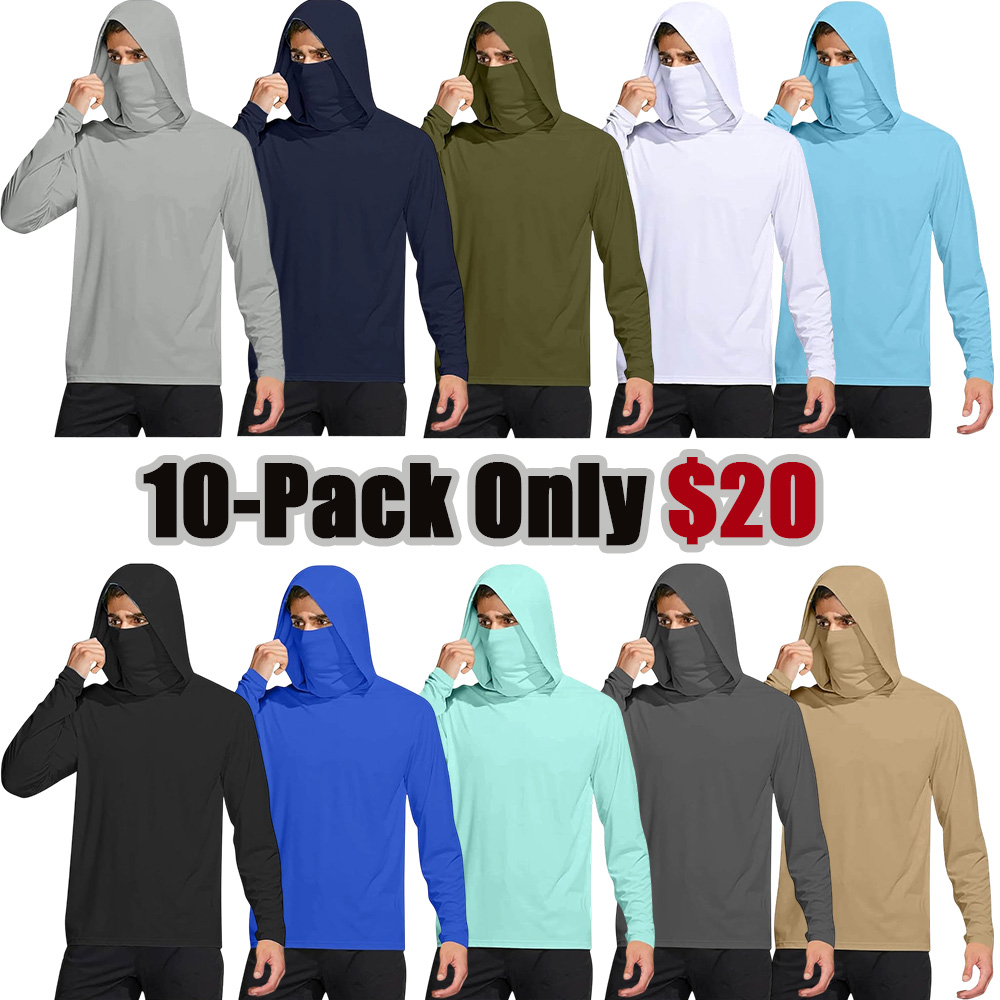 Long Sleeve Sun Shirt Men UPF 50+ Rash Guard Cooling Fishing Hoodies with Mask Casual Summer UV SPF Hiking Blouses
