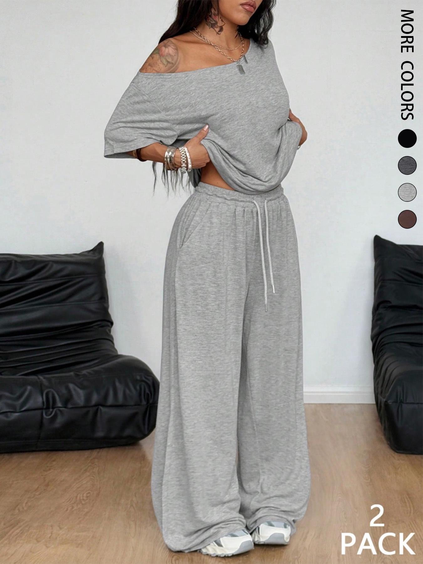 2pcs/Set Women's Minimalist Basic Daily Wear Going Out Sport Comfortable Off Shoulder T-Shirt And Wide Leg Pants Two Pieces Outfits 2pcs/Set Women's Minimalist Basic Daily Wear Going Out Sport Comfortable Off Shoulder T-Shirt And Wide Leg Pants Two Pieces Outfits