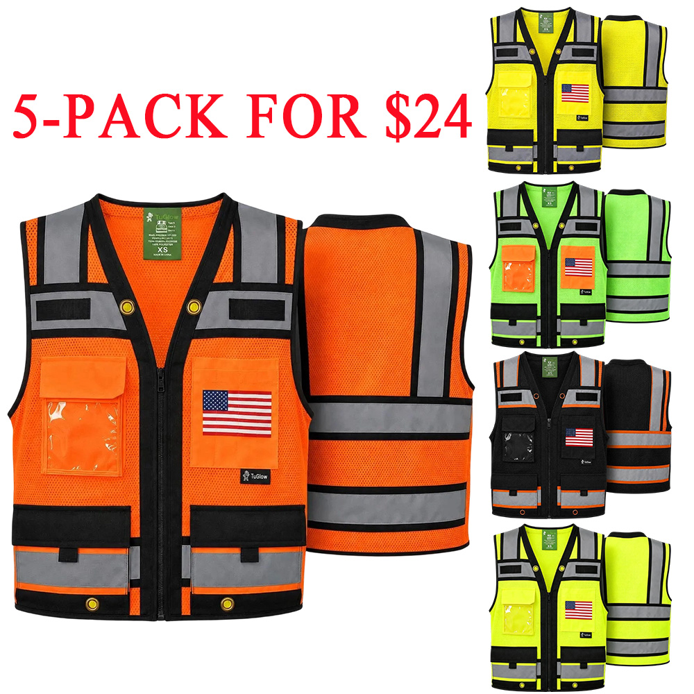 Superintendent Vest with custom USA Flag or other flags, High Visibility Reflective Safety, Mesh Safety Vest with Zipper and Multi pockets AMERICAN SIZE