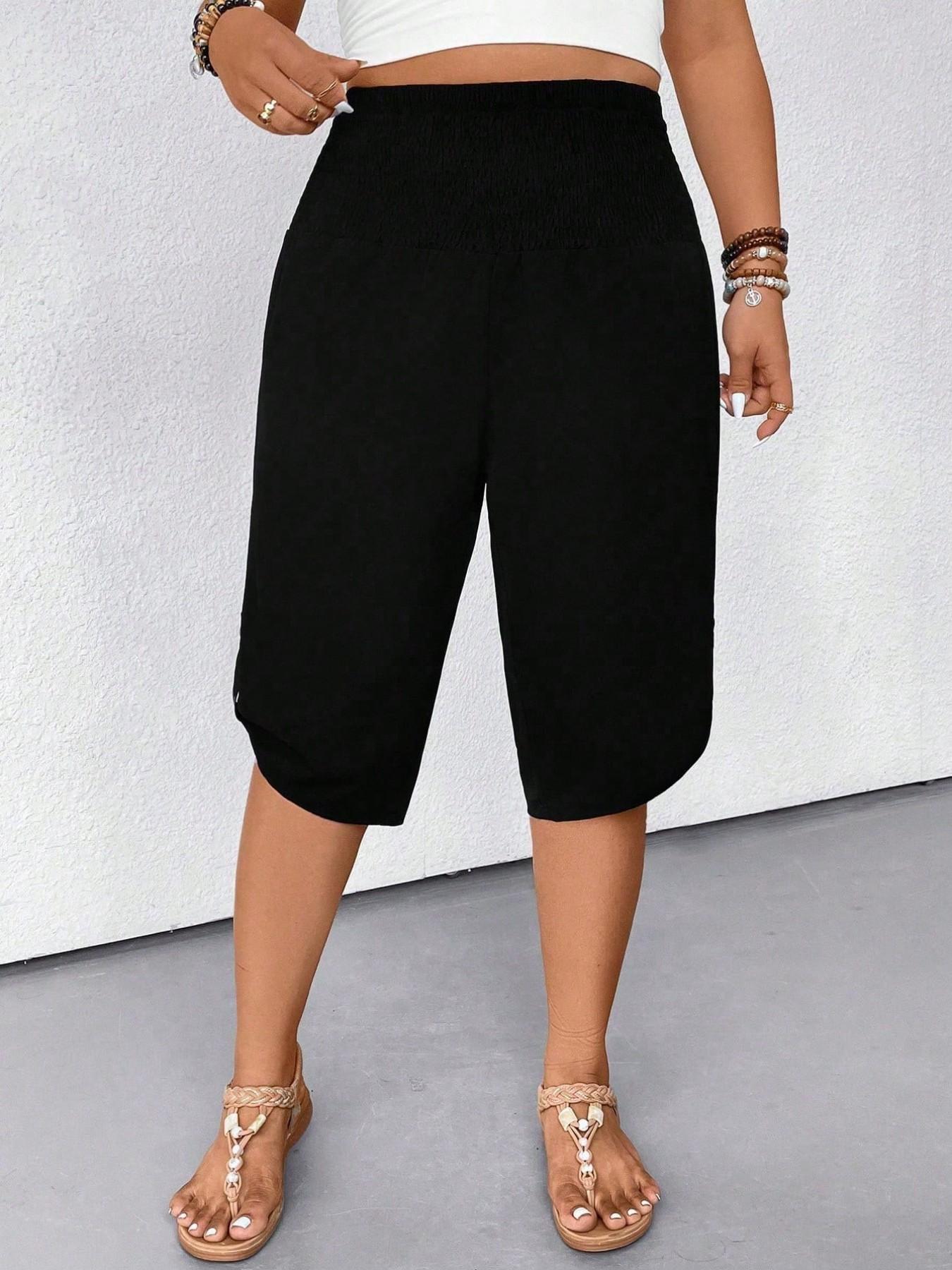 Women's Casual Tummy Control High Waist Fitted Wide Leg Capri Pants Smocked Waist Button Hem Loose Fit Cropped Trousers Summer Shorts Beach Vacation Lounge Daily Work Outfits Solid Black Stretchy Soft Breathable Lightweight Spring Break 2026 Plus Size Women's Casual Tummy Control High Waist Fitted Wide Leg Capri Pants Smocked Waist Button Hem Loose Fit Cropped Trousers Summer Shorts Beach Vacation Lounge Daily Work Outfits Solid Black Stretchy Soft Breathable Lightweight Spring Break 2026 Plus Size