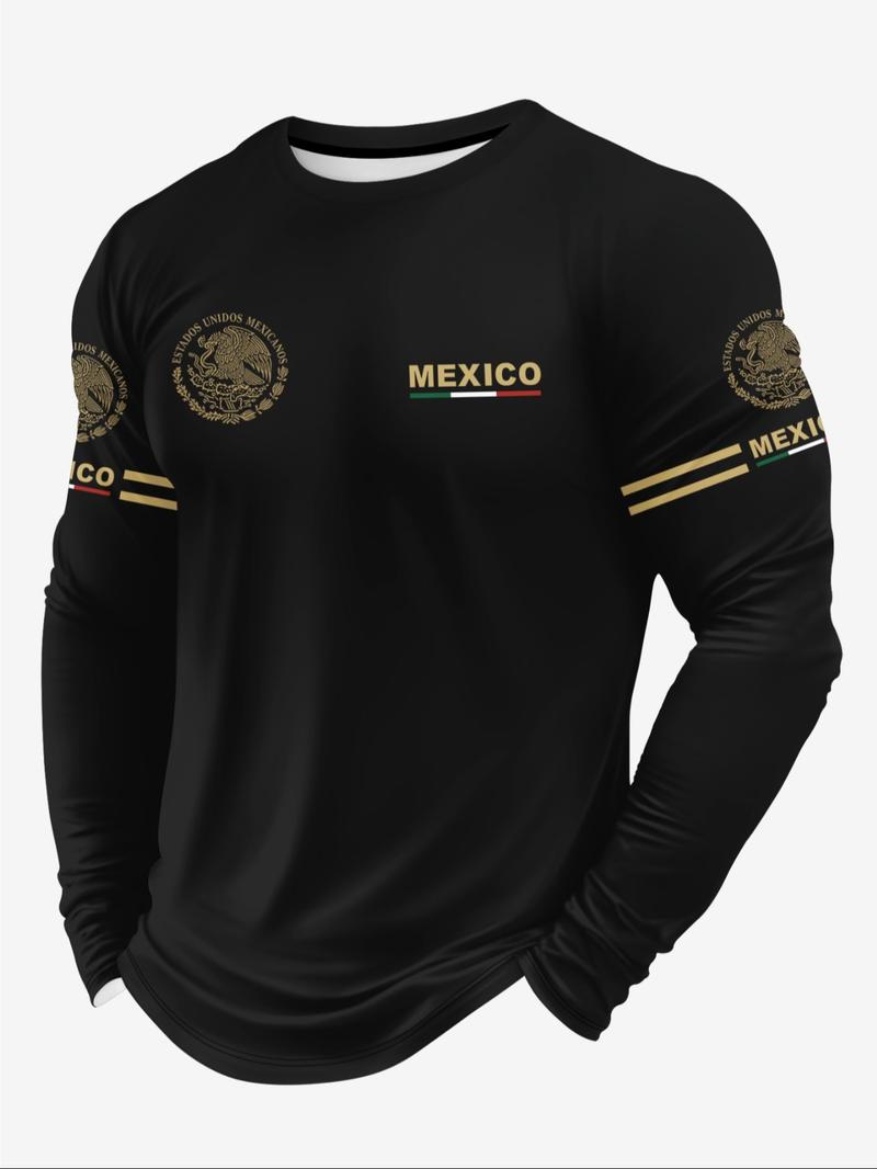 Men's 3D Print Long Sleeve T-Shirt, Breathable Comfort, Casual Sports Mexican Pattern, Fitted Crop Top, All Seasons Wear