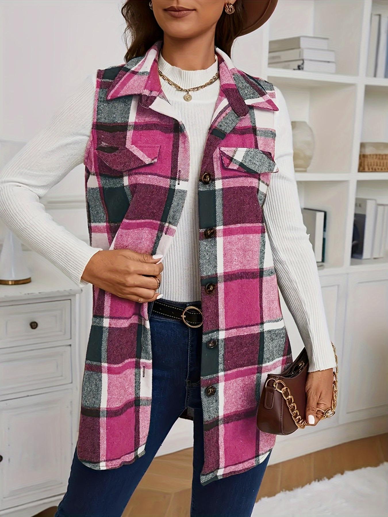 Women's Plaid-Print Button-Front Fitted Vest Coat Tops, Casual Comfy Vest, Casual Lady Pocket Design Collared Waistcoat for Spring & Fall, Fashion Women's Clothing for Daily Wear Womenswear