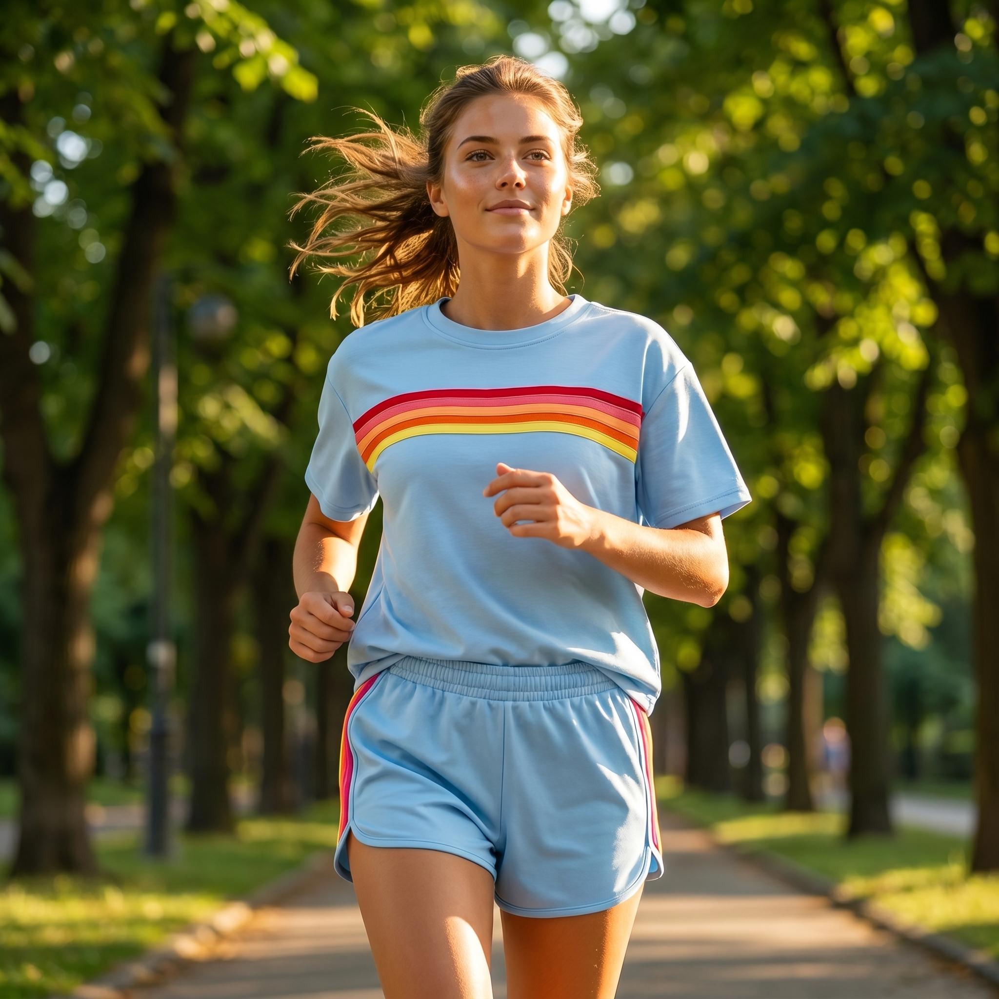 Women's Short 2-Piece Rainbow Strip Outdoor Sportswear Set - Loose Fit Crop Top & Bottoms, Solid Round Neck, Short Sleeves, Lightweight Breathable Blend Clothing, Baby Blue, Baseball Use, Light Spandex Women's Clothes tiktokshopspringglowup, 2 Piece Sets,