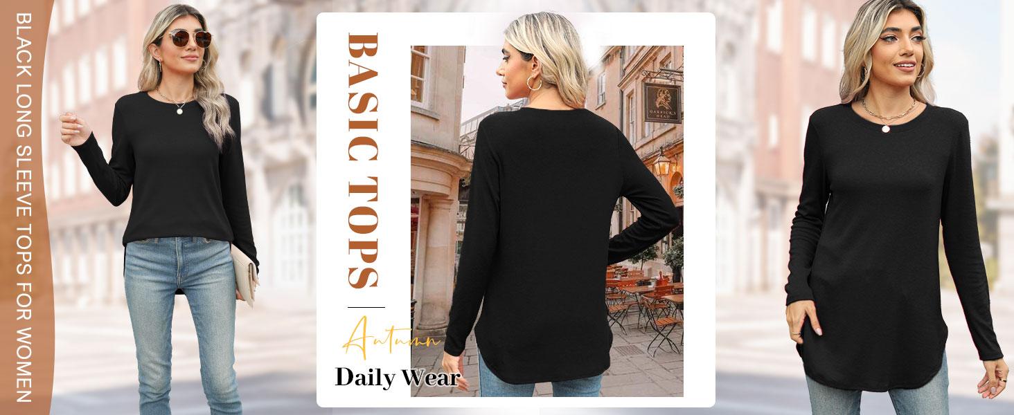 WIHOLL Women's Casual Tunic Tops to Wear with Leggings, Long Sleeve Round Neck Spandex Shirt with Thumb Holes and Curved Hem, Longsleeves, Women's Tops, Fabric, Cuffed Sleeve Women's T-Shirts,clothes for back to school,first day of school outfits,sohochic