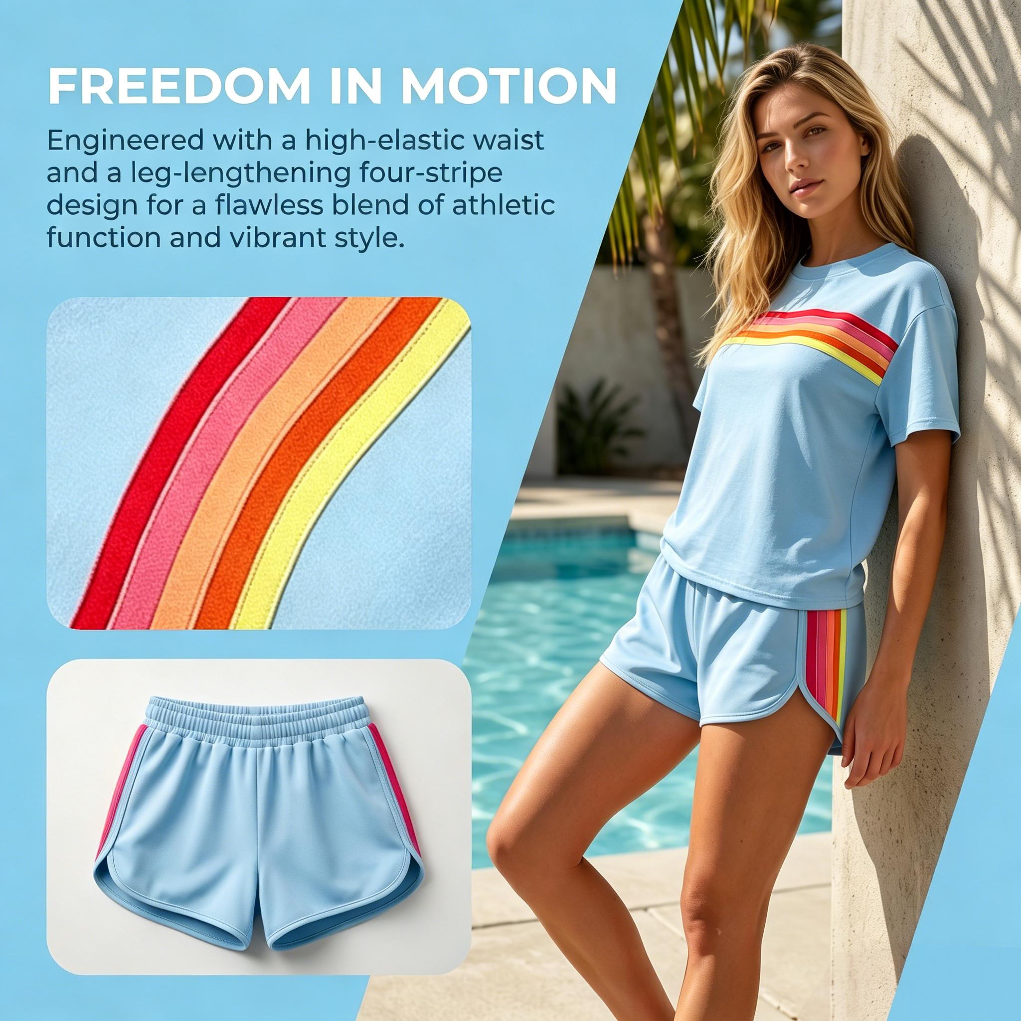 Women's Short 2-Piece Rainbow Strip Outdoor Sportswear Set - Loose Fit Crop Top & Bottoms, Solid Round Neck, Short Sleeves, Lightweight Breathable Blend Clothing, Baby Blue, Baseball Use, Light Spandex Women's Clothes tiktokshopspringglowup, 2 Piece Sets,