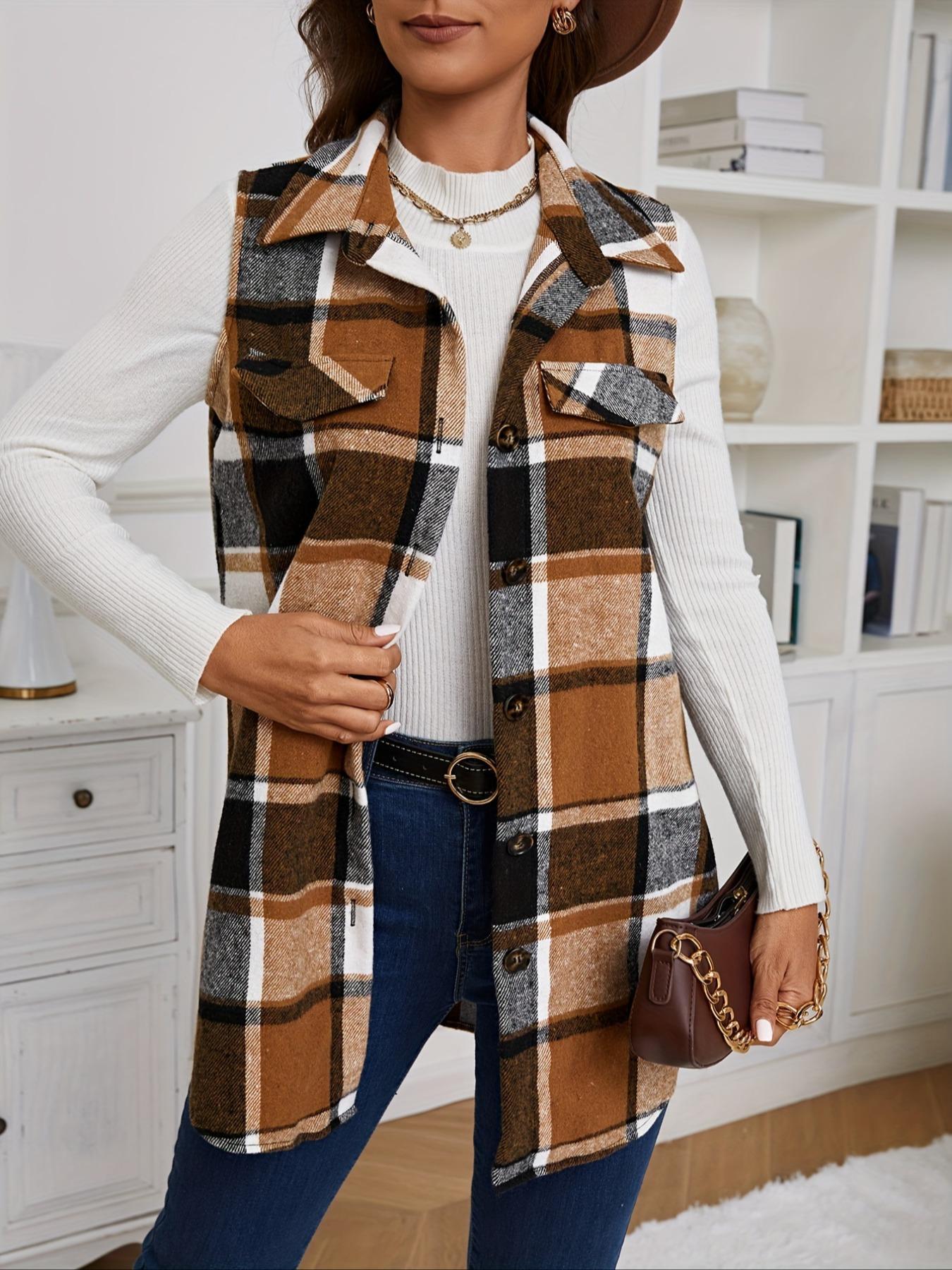 Women's Plaid-Print Button-Front Fitted Vest Coat Tops, Casual Comfy Vest, Casual Lady Pocket Design Collared Waistcoat for Spring & Fall, Fashion Women's Clothing for Daily Wear Womenswear