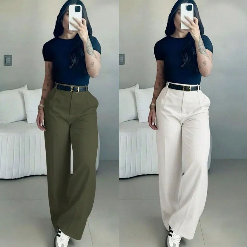 Women's High-Waisted Wide Leg Bottoms - Business Casual Drape Trousers with Clean Front
