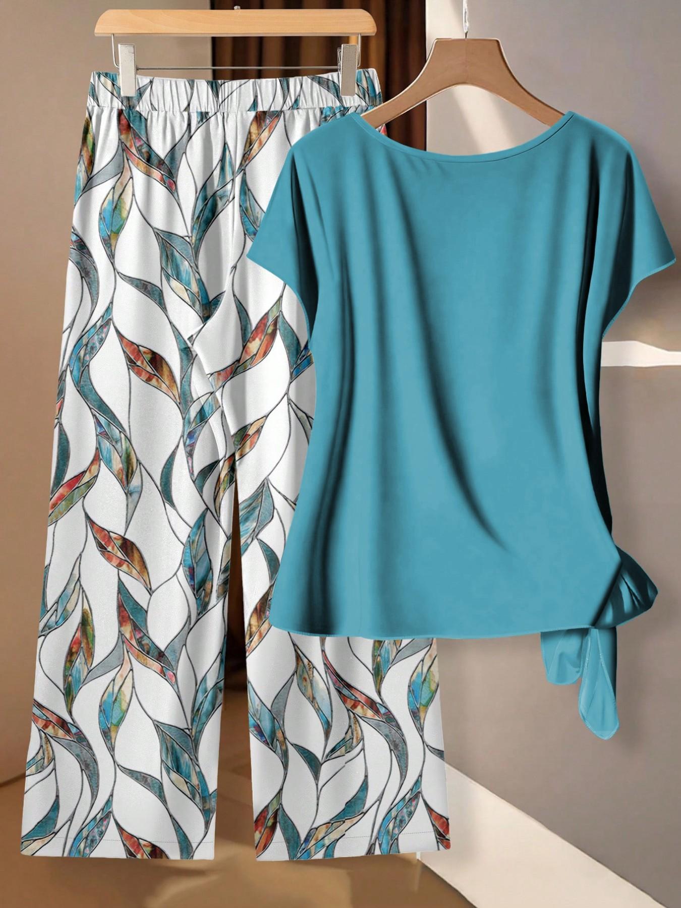 Women's Casual Printed Necktie Shirt and Loose Straight Pants Set, Perfect for Spring and Summer, Comfortable Two-Piece