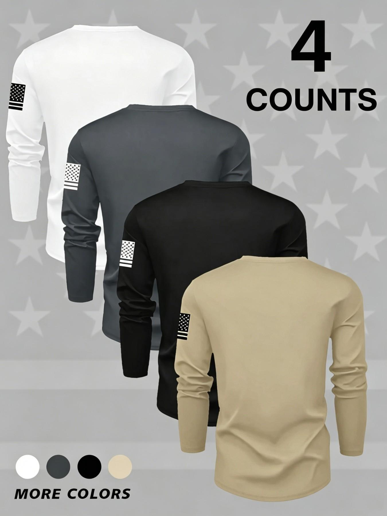 4 Pack Men's Round Neck Long Sleeve T-Shirts, Casual Knitwear Top, Slight Stretch, Flag Print, Quick Dry, Gym, Running, Outdoor Activities 4 Pack Men's Round Neck Long Sleeve T-Shirts, Casual Knitwear Top, Slight Stretch, Flag Print, Quick Dry, Gym, Running, Outdoor Activities