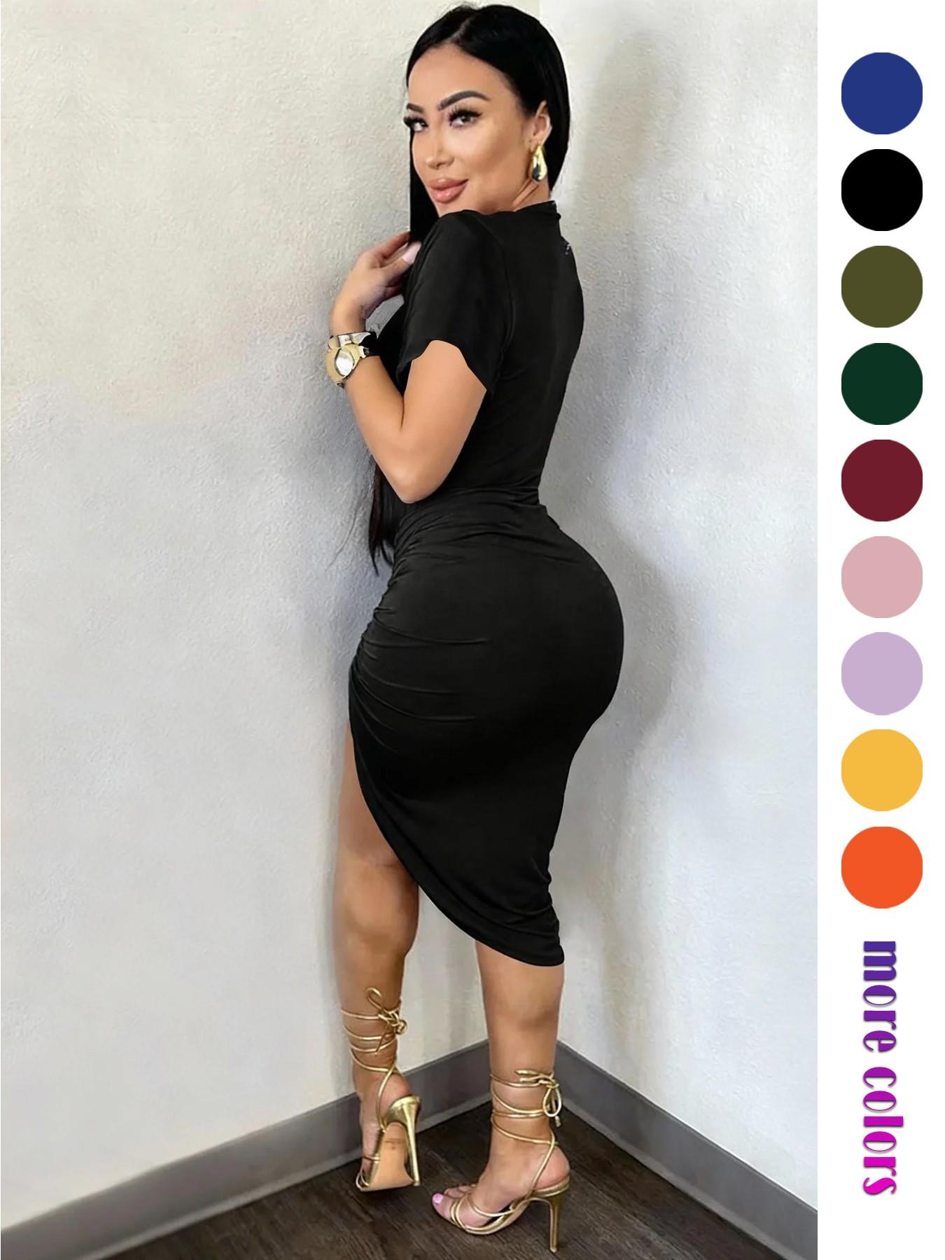 Elegant Pleated Collar Bodycon Fit Dress, Short Sleeve Summer Dress, Split Hem, Perfect for Parties, Weddings, Office Wear, Elegant Party Apparel, Women's Fashion, Elegant Dresses Elegant Pleated Collar Bodycon Fit Dress, Short Sleeve Summer Dress, Split Hem, Perfect for Parties, Weddings, Office Wear, Elegant Party Apparel, Women's Fashion, Elegant Dresses