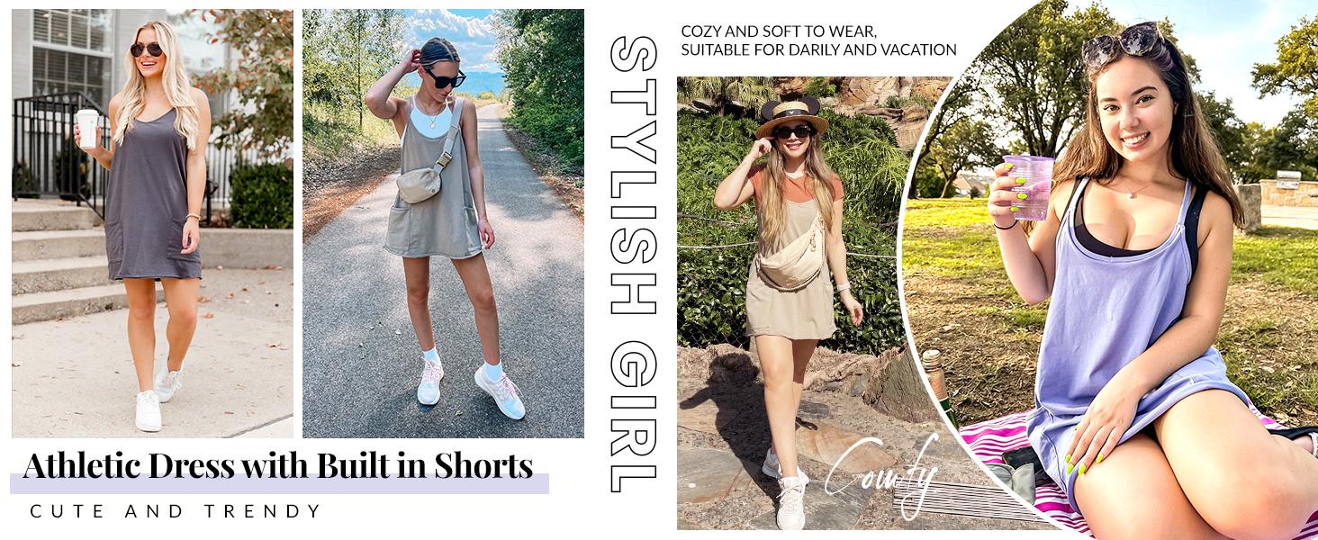 UANEO Women's Summer Sleeveless Mini Dress V Neck Spaghetti Straps Athletic Built-in Shorts Sundress SummerVibes