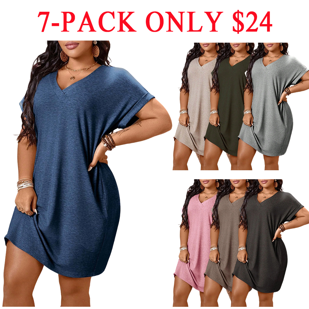 Plus Size Women's Loose T-Shirt Dress, V Neck & Batwing Sleeve Design