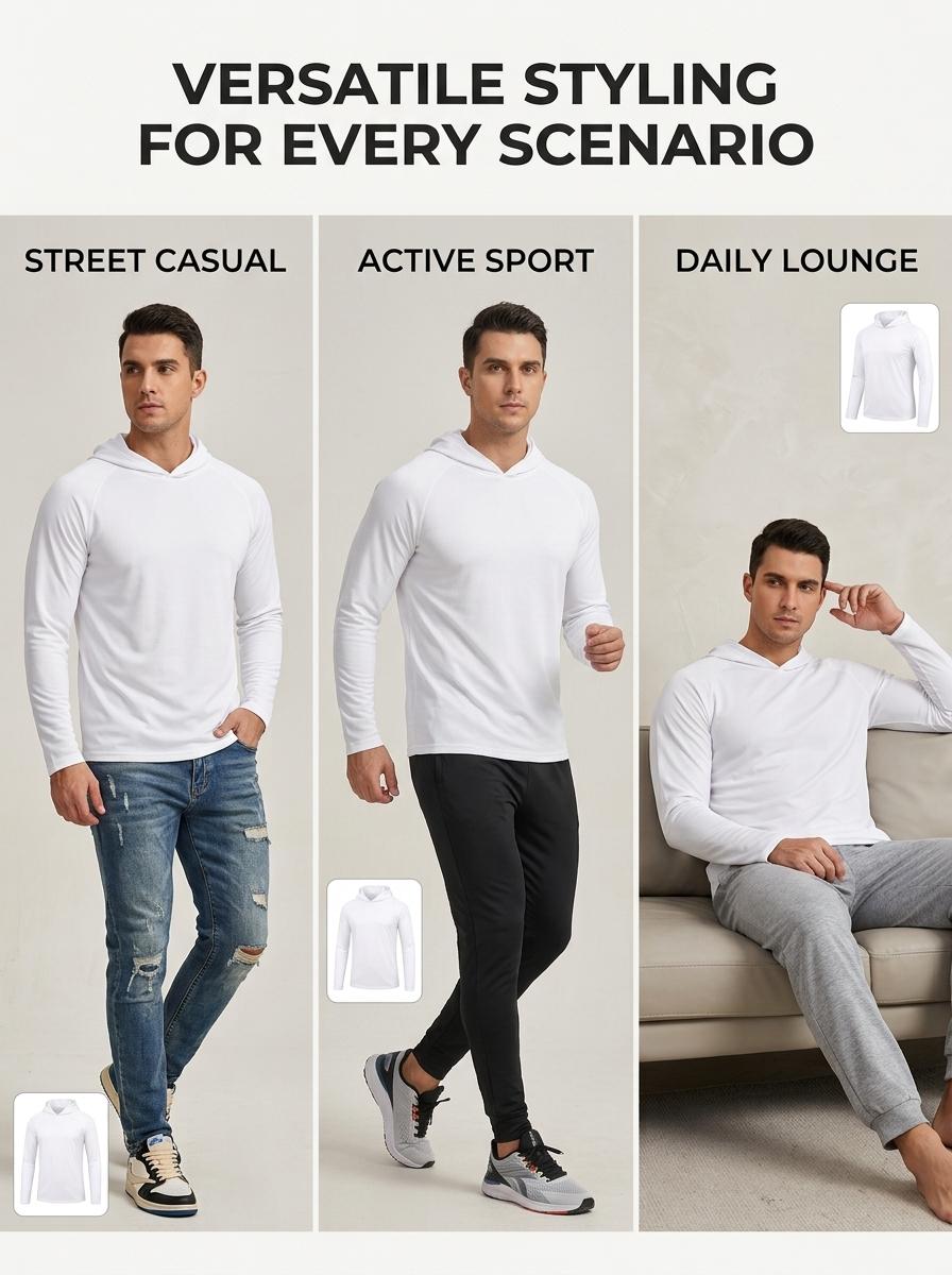 Men's 6-Pack Long-Sleeve Hooded Sun Shirts - Plain Hooded Tee, Lightweight Breathable Mesh Fabric Polyester, Loose Casual Fit, Sun Protection Activewear Pullover for Running, Hiking (White, S-3XL)