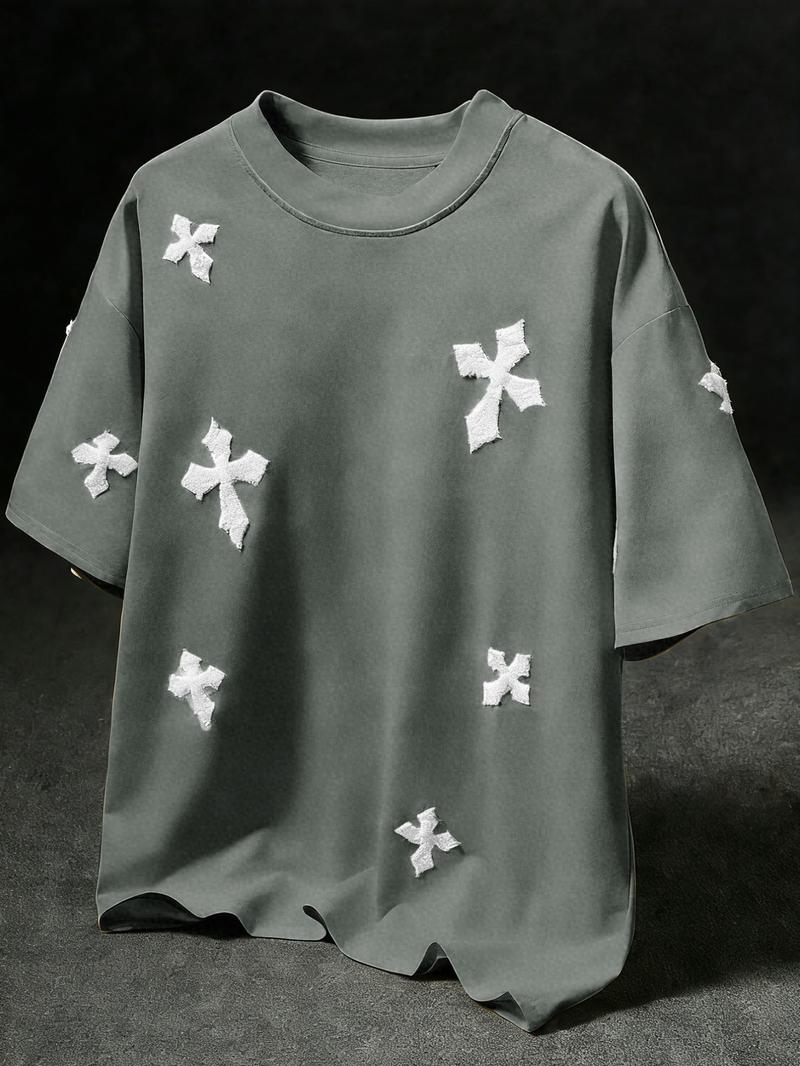 Men's Cross Stitch Embroidered Solid Color Round Neck T-Shirt, Casual Fitted Long Sleeve Top for All Seasons, Sporty College Style