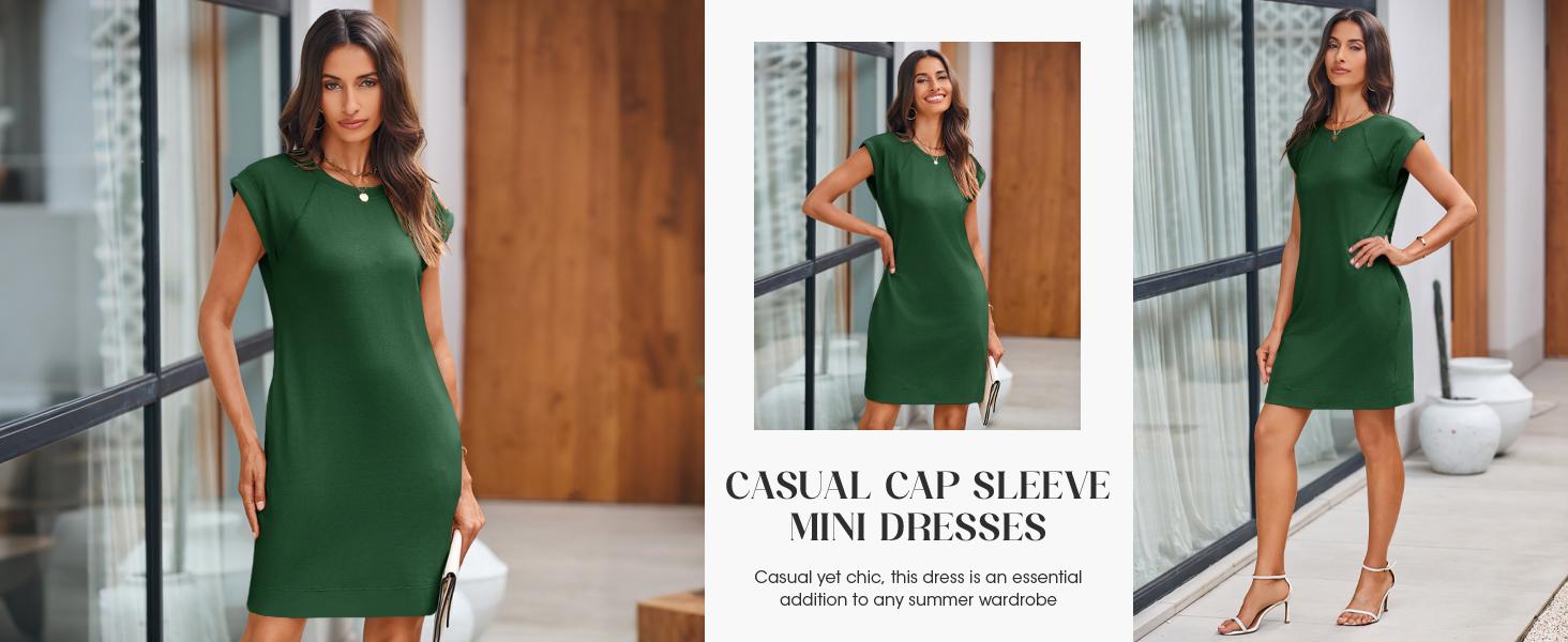 Wenrine Women's Summer T Shirt Dress Casual Cap Sleeve Crewneck Loose Shift Mini Dresses
