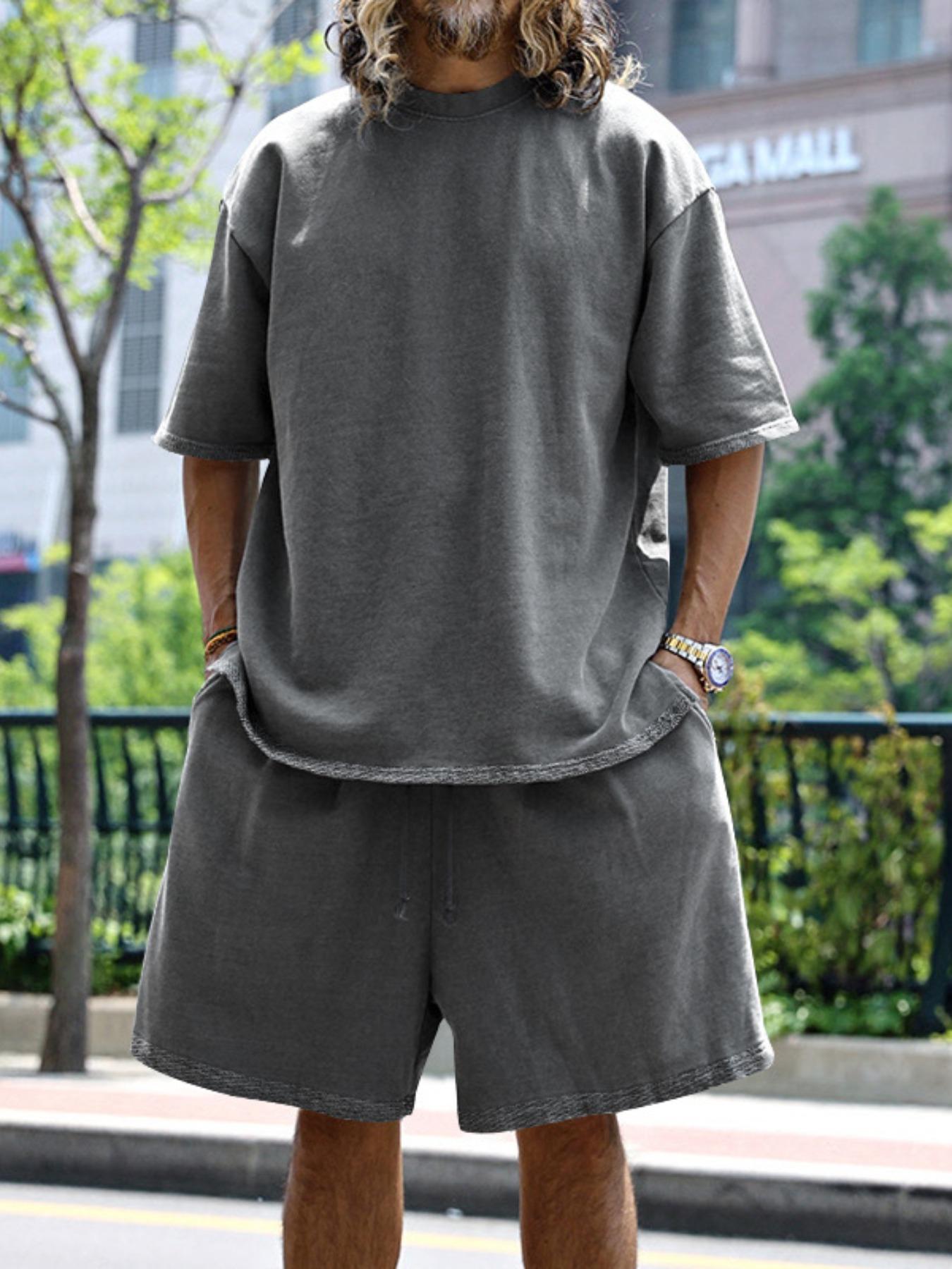 Men's Summer Casual Set, Pure Color Round Neck Short Sleeve Knit Tee & Shorts, Classic Loose Fit Sportswear, Comfortable Daily Wear Outfit Men's Summer Casual Set, Pure Color Round Neck Short Sleeve Knit Tee & Shorts, Classic Loose Fit Sportswear, Comfortable Daily Wear Outfit