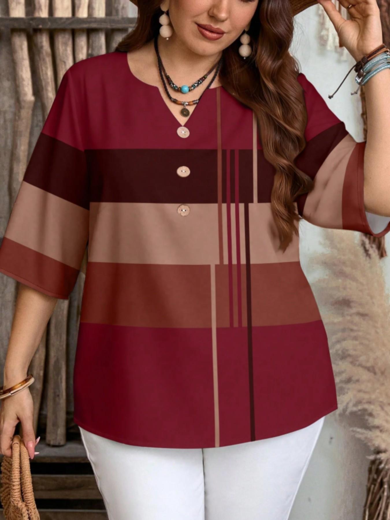 Plus Size Women's Color Block Chic Casual Loose Short Sleeve Blouse Shirt, Striped Pattern Half Sleeve Top for Spring & Summer