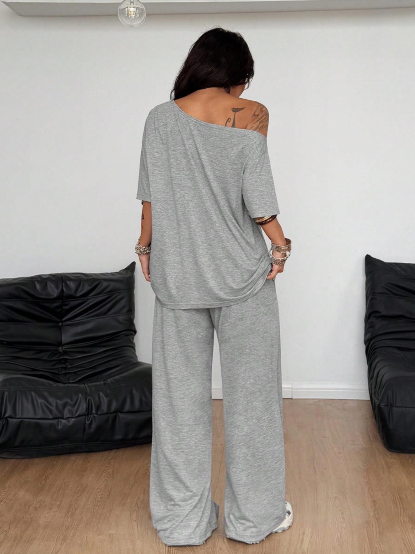 2pcs/Set Women's Minimalist Basic Daily Wear Going Out Sport Comfortable Off Shoulder T-Shirt And Wide Leg Pants Two Pieces Outfits 2pcs/Set Women's Minimalist Basic Daily Wear Going Out Sport Comfortable Off Shoulder T-Shirt And Wide Leg Pants Two Pieces Outfits