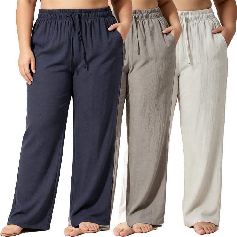 3-pack drawstring joggers for curvy/slightly fuller women, featuring a linen texture, high elastic waistband, loose wide legs, and side pockets; breathable and lightweight summer casual beach workout pants.