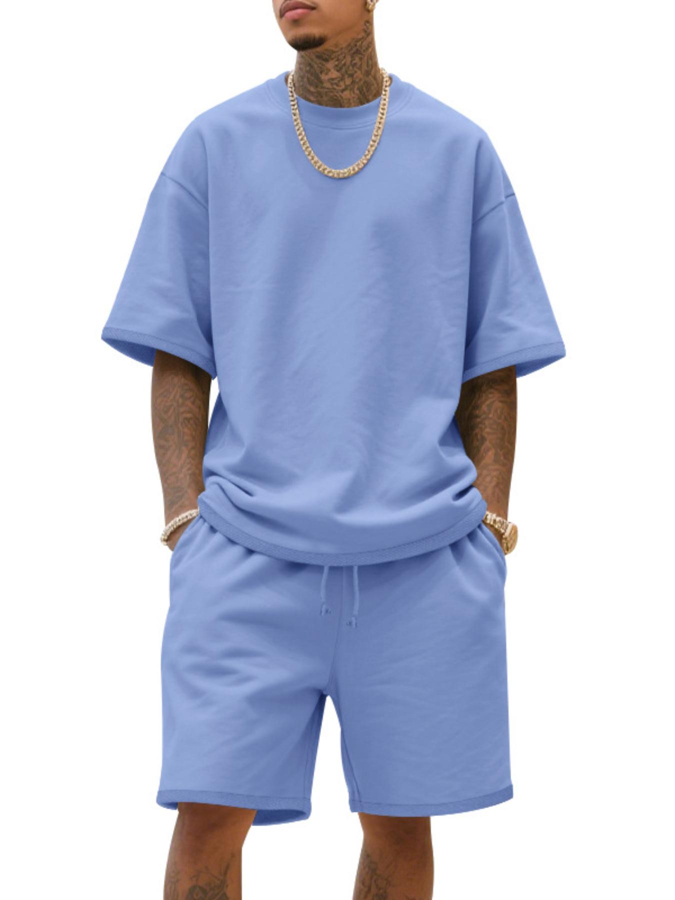 Men's Summer Casual Set, Pure Color Round Neck Short Sleeve Knit Tee & Shorts, Classic Loose Fit Sportswear, Comfortable Daily Wear Outfit Men's Summer Casual Set, Pure Color Round Neck Short Sleeve Knit Tee & Shorts, Classic Loose Fit Sportswear, Comfortable Daily Wear Outfit