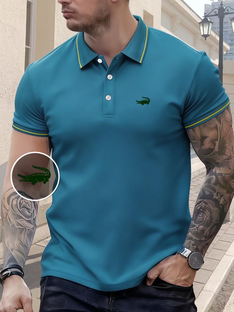 Men's Regular Fit Letter Print Contrast Trim Polo Shirt, Casual Short Sleeve Half Zip Top for Summer, Fashion Men's Clothes for Daily Wear, Tropical