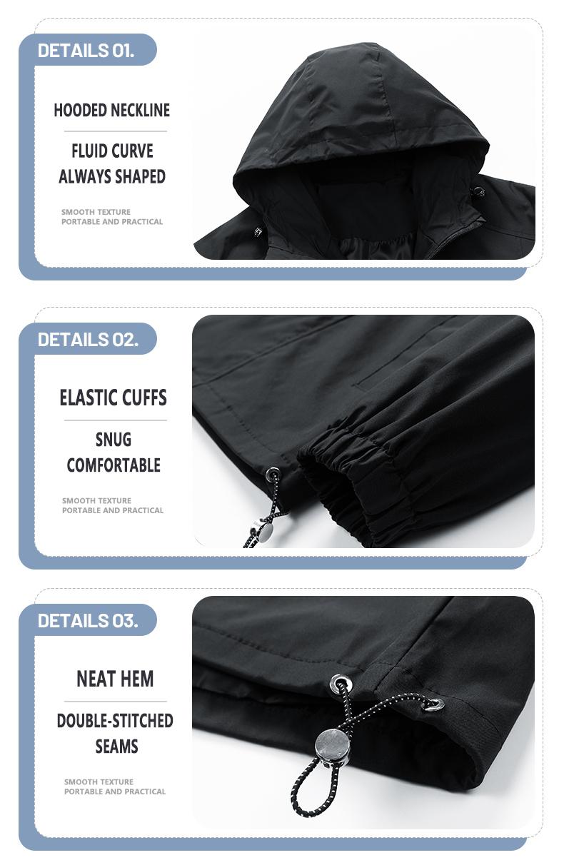 Men&rsquo;s Loose-Fit Hooded Windproof Waterproof Polyester Plain Long-Sleeve Tops - Adjustable Drawstring Hem, Zipper Closure, Casual Outdoor Menswear Outerwear for Everyday Wear