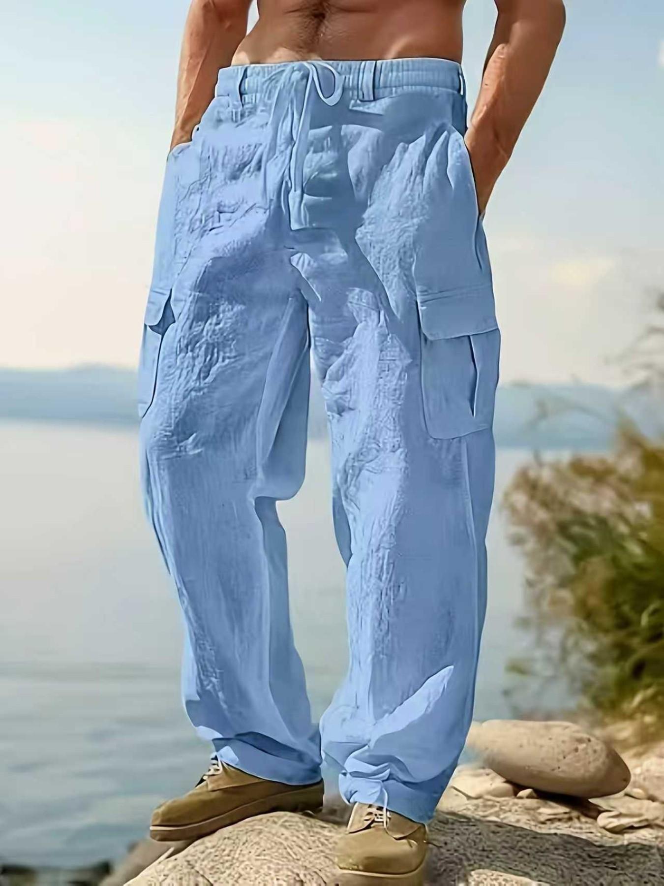 2026 Fashion Comfy Men's Linen Cargo Pants for Outdoor Beach, Drawstring Multi-Pocket Straight Leg Breathable Classic Casual Long Pants