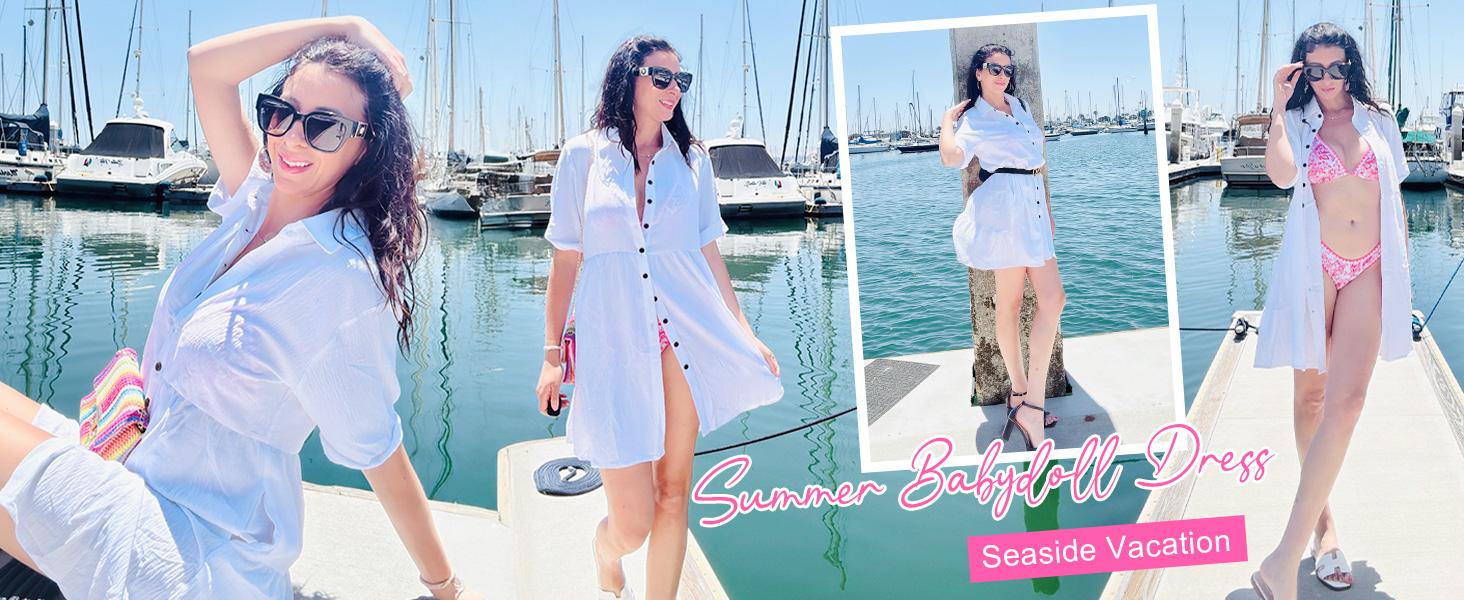 AUSELILY Babydoll Dress for Women Short Sleeve Button Down Textured Non-clingy Loose Fit Flowy Mini Dress with Pockets 2026 New Summer Dress