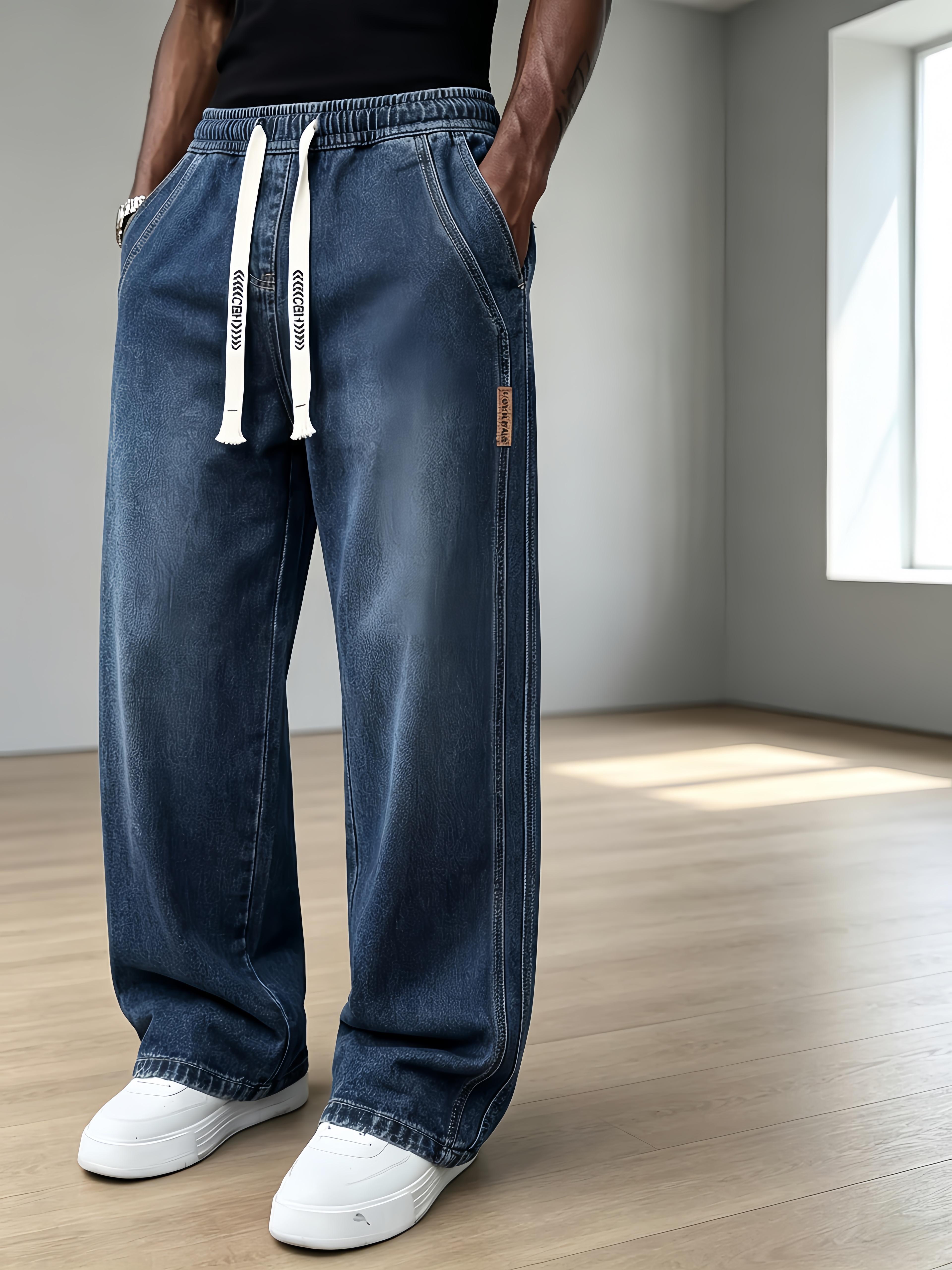 2pcs Men's Drawstring Elastic Waist Straight‑Leg Jeans, Plain Versatile Non‑Stretch Denim Pants & Vintage Washed Stretch Denim Jeans, Relaxed Straight‑Leg Fit, Drawstring Pull‑On Design, All‑Season Regular Everyday Long Pants, Casual Versatile Daily Wear