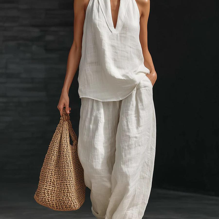Boho Linen Two Piece Set - Perfect for Beach, Vacation & Brunch! Halter Neck Sleeveless Top Wide Leg Pants Set # TwoPieceSet # LinenSet # WideLegPants # HalterNeck # SummerOutfit # BohoFashion # CasualWear # Outfit of the Day # WomensFashion